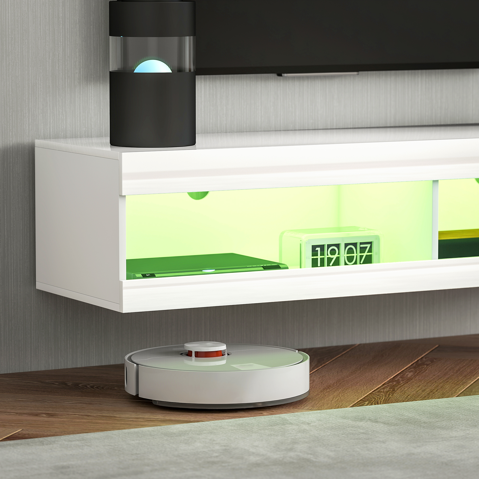 TV Schrank, Hängendes TV Lowboard mit RGB LED-Beleuchtung in 16 Farben, TV Ständer mit offenen Stauraum, für 55-60 Zoll Fernseher, für Wohnzimmer, Schlafzimmer, 140 x 40 x 30 cm, Hochglanzweiß