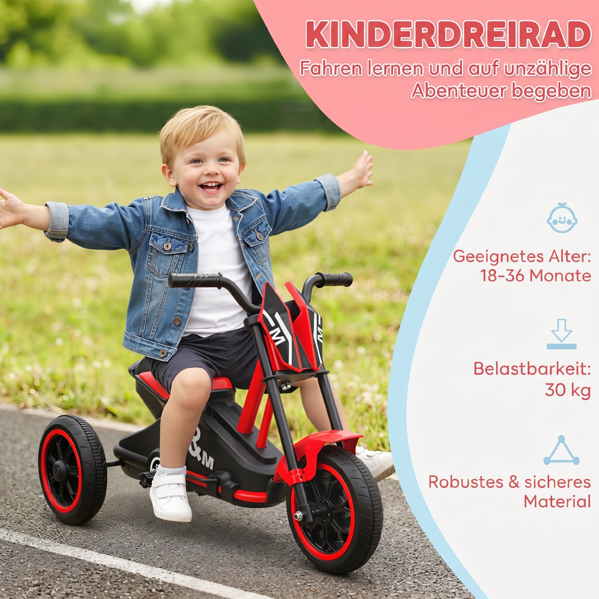Dreirad, Kinderfahrrad, Laufrad, Kinderrad mit Pedal, Lauffahrrad für Kinder 18-36 Monaten, Stahl, 79x44x50 cm, Rot