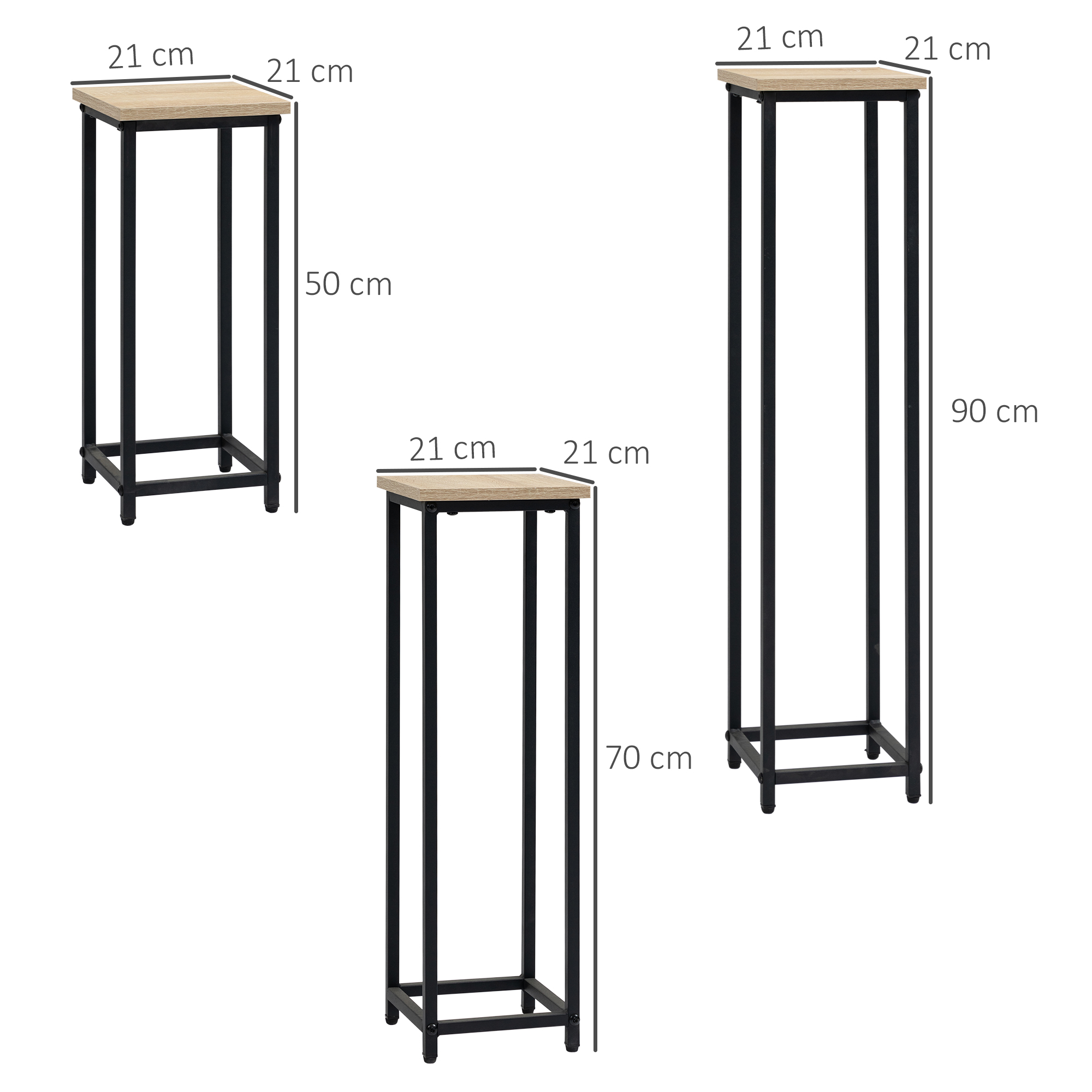 3-teiliges Set Pflanzenständer stapelbar platzsparend 21 cm x 21 cm x 50/70/90 cm Stahl Braun + Schwarz