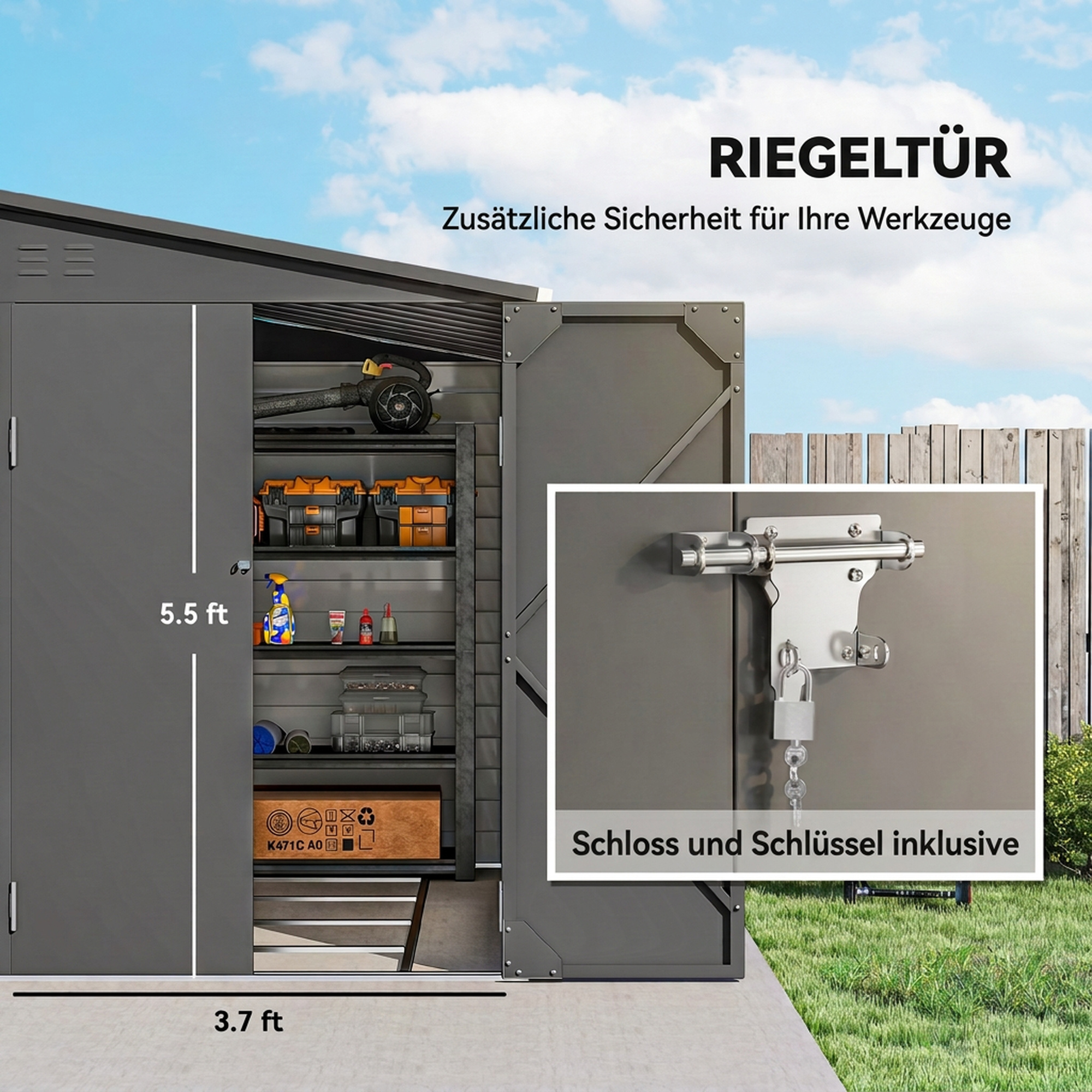 Metall Gerätehaus 3,5m² 143x270x202cm Geräteschuppen mit Pultdach Abschließbarer Doppeltür, Fundament, Lüftungsschlitzen