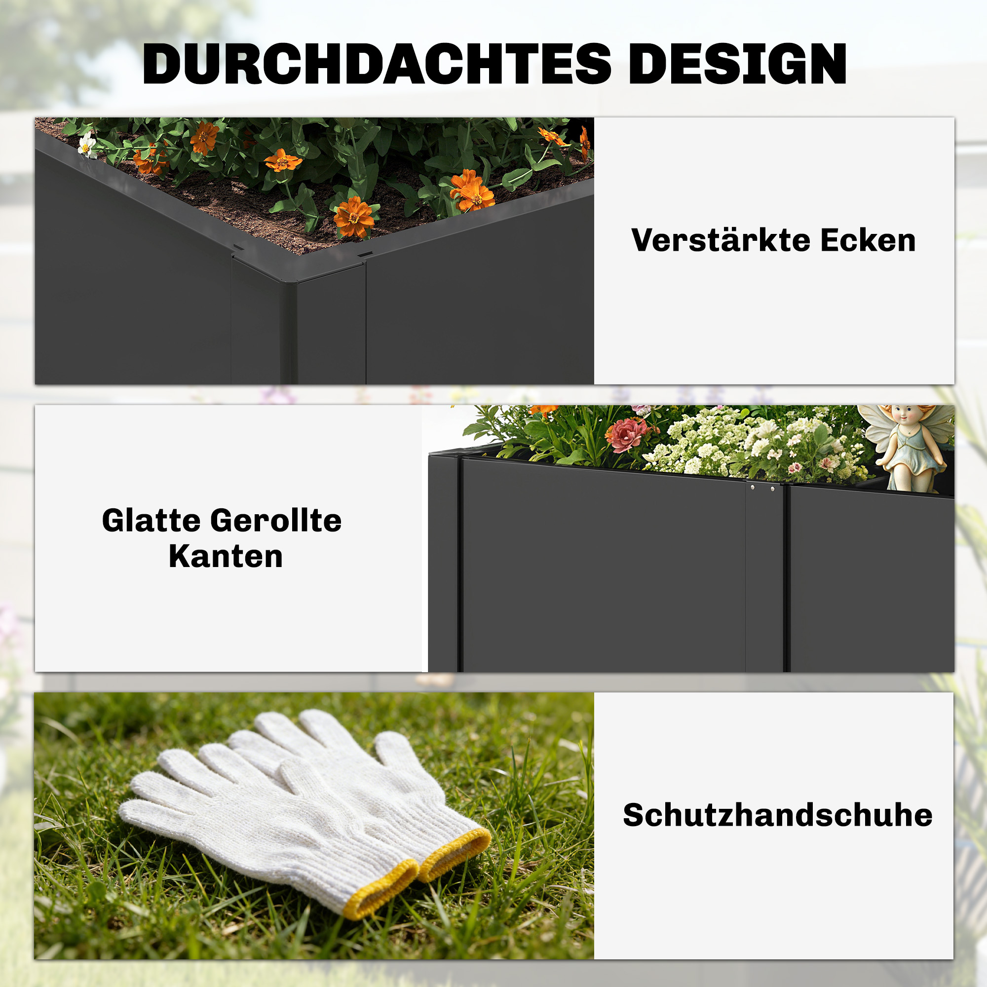 Hochbeet aus galvanisiertem Stahl, 150 x 53 x 55 cm, Outdoor-Pflanzkasten mit Trennwand, Schwarz
