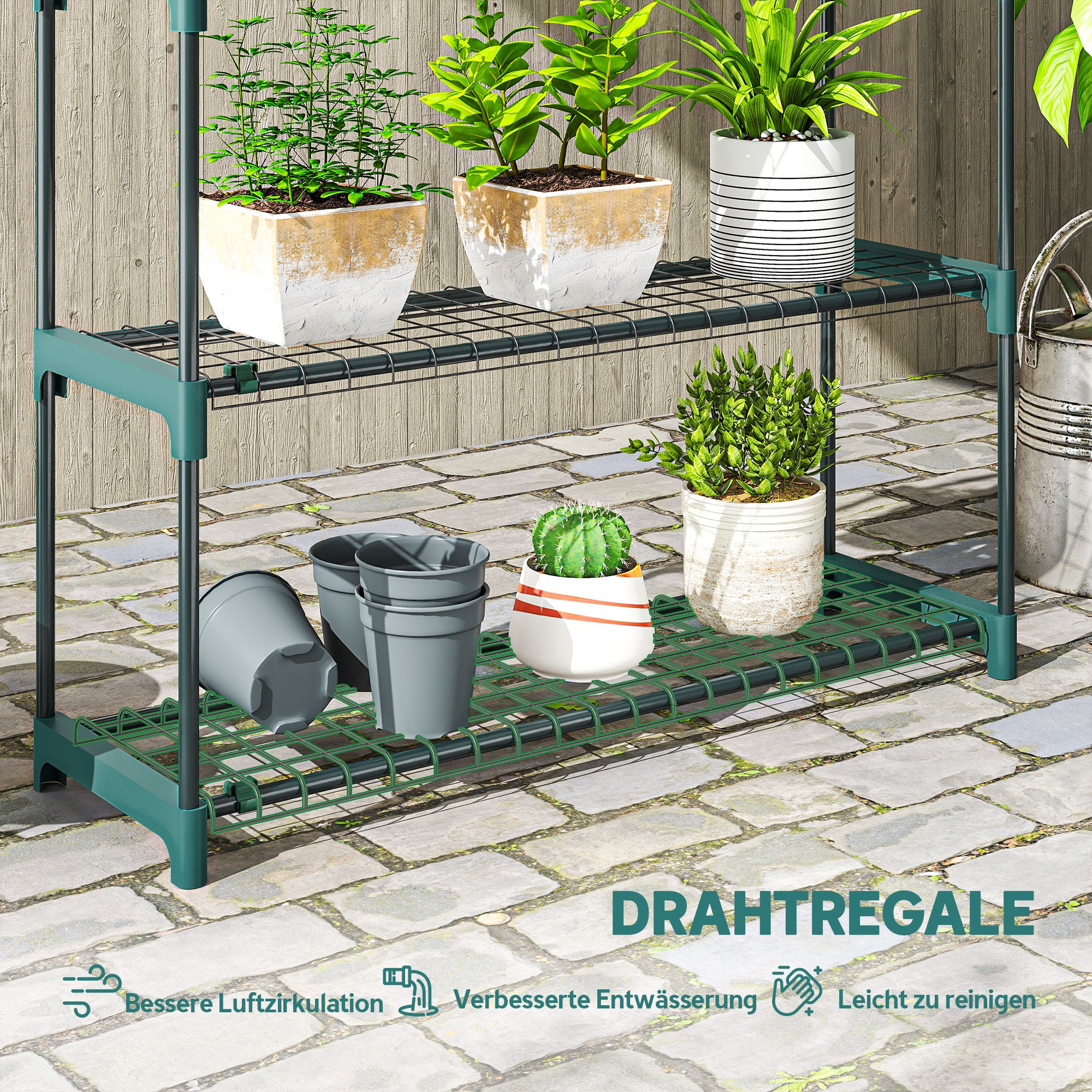 2er-Set Pflanzenständer, 4-Etagen 104 cm hoch Blumenständer für Innen Außen Stahl Dunkelgrün