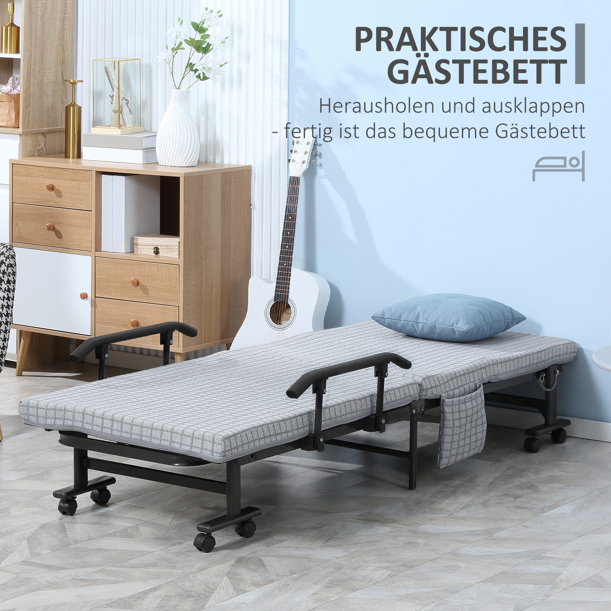 Klappbett, Gästebett, neigbare Rücklehne, Armlehnen, 8 Rollen, Stahlrahmen, hellgrau+schwarz, 190 x 76 x 33cm