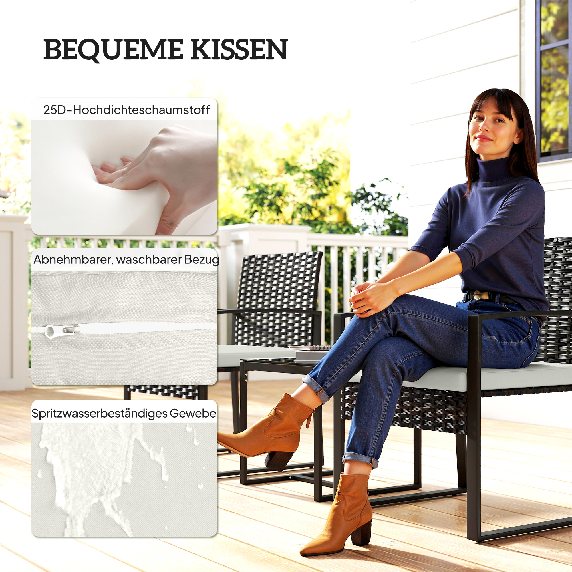 Rattan Bistroset, 3 teiliges Gartenmöbel-Set mit 2 Gartenstühlen, Couchtisch, abnehmbar Kissen Cremeweiß