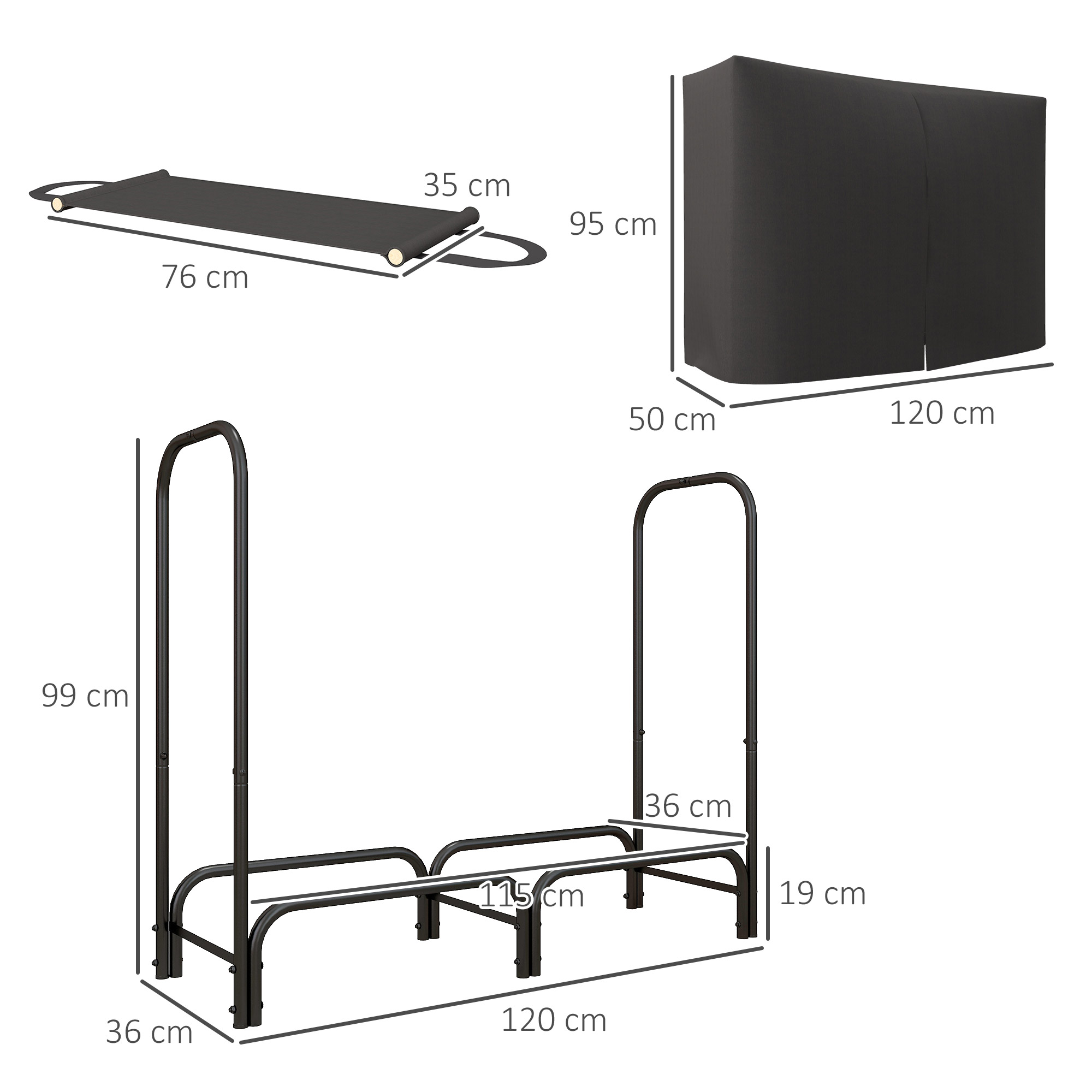 Feuerholzgestell, 0,33 m³, mit Tragetasche & Abdeckung, Metallrahmen, bis 150 kg, 120 x 36 x 99 cm, Schwarz