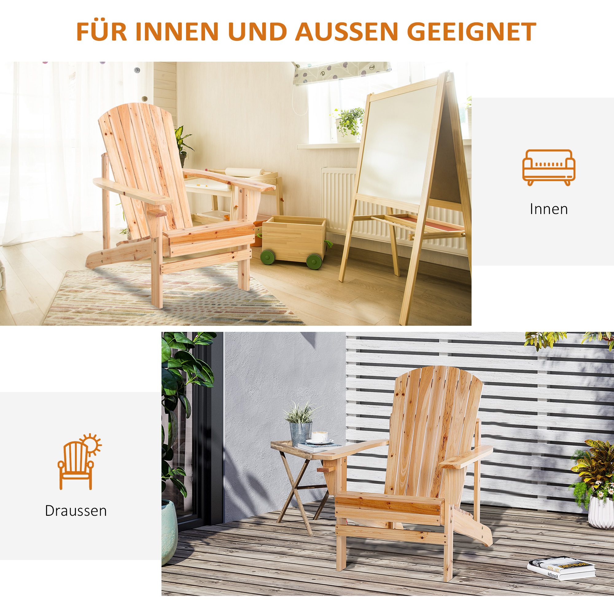 Adirondack-Gartenstuhl mit Becherhalter Gartenliege Balkonstuhl Massivholz Natur 72,5 x 97 x 93 cm