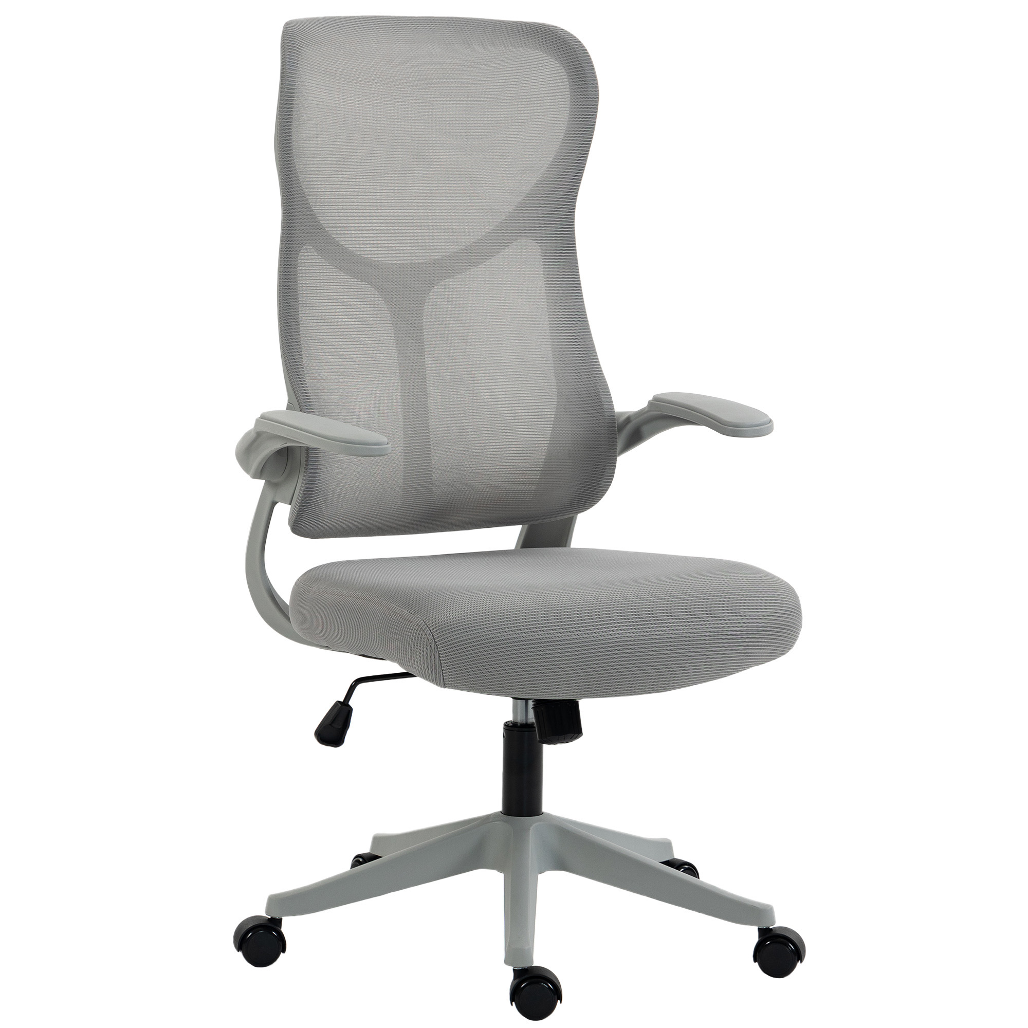 ergonomischer Mesh-Bürostuhl, drehbarer Stuhl mit hoher Rückenlehne, klappbaren Armlehnen, Wippfunktion, Grau