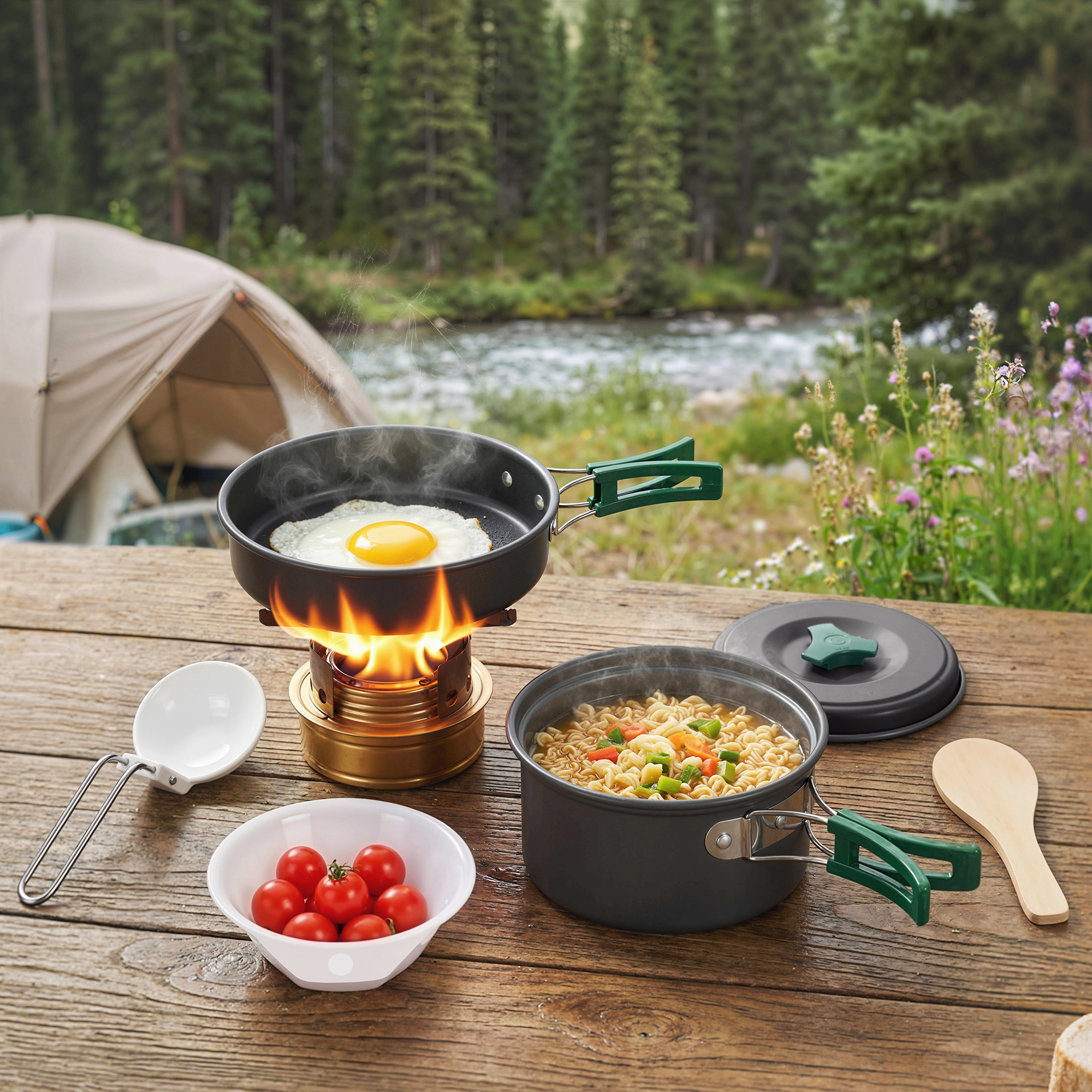 Camping Kochgeschirr Set 8-teiliges Outdoor Geschirr Set mit Anti-Verbrühungsgriffen schnell erhitzend Topf Pfanne Grau