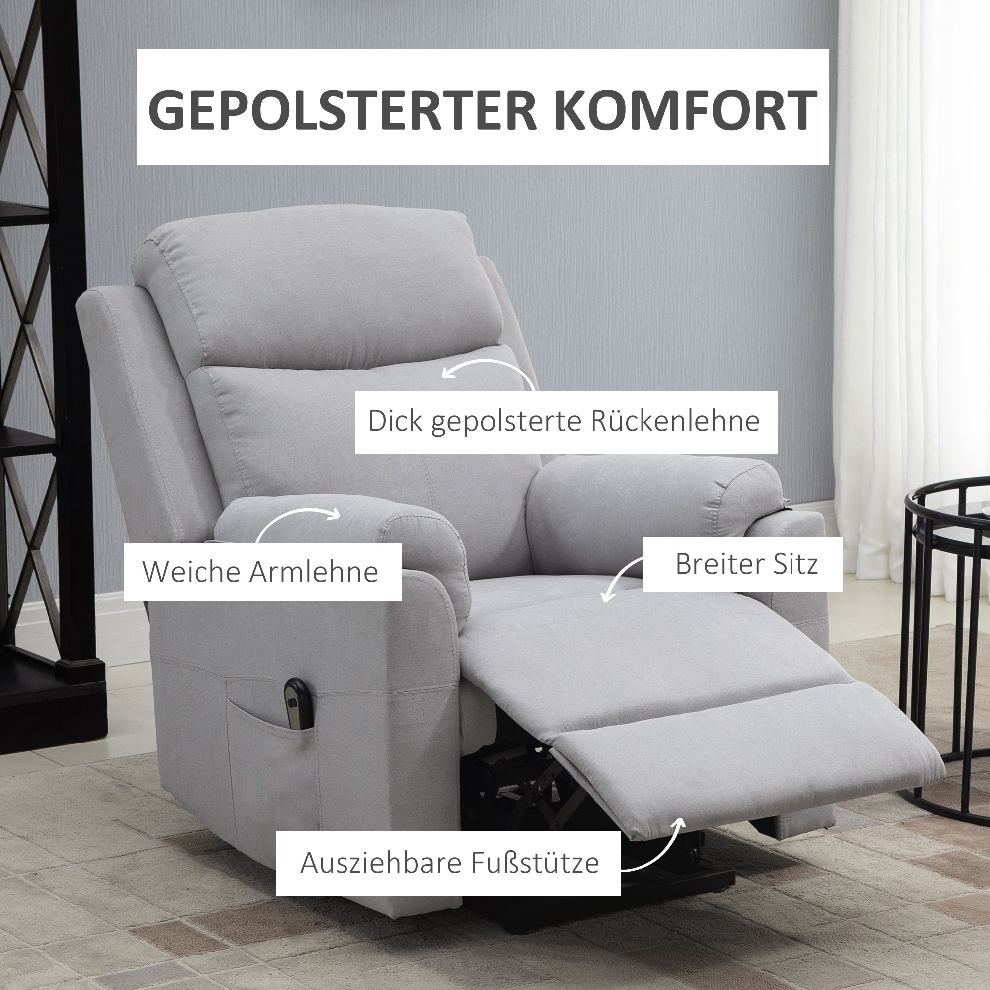 elektrischer Aufstehsessel Sessel mit Aufstehhilfe für Senior Relaxsessel TV Sessel mit schlaffunktion und aufstehhilfe Fernsehsessel Liegefunktion Leinen-Touch Hellgrau 83 x 89 x 102 cm