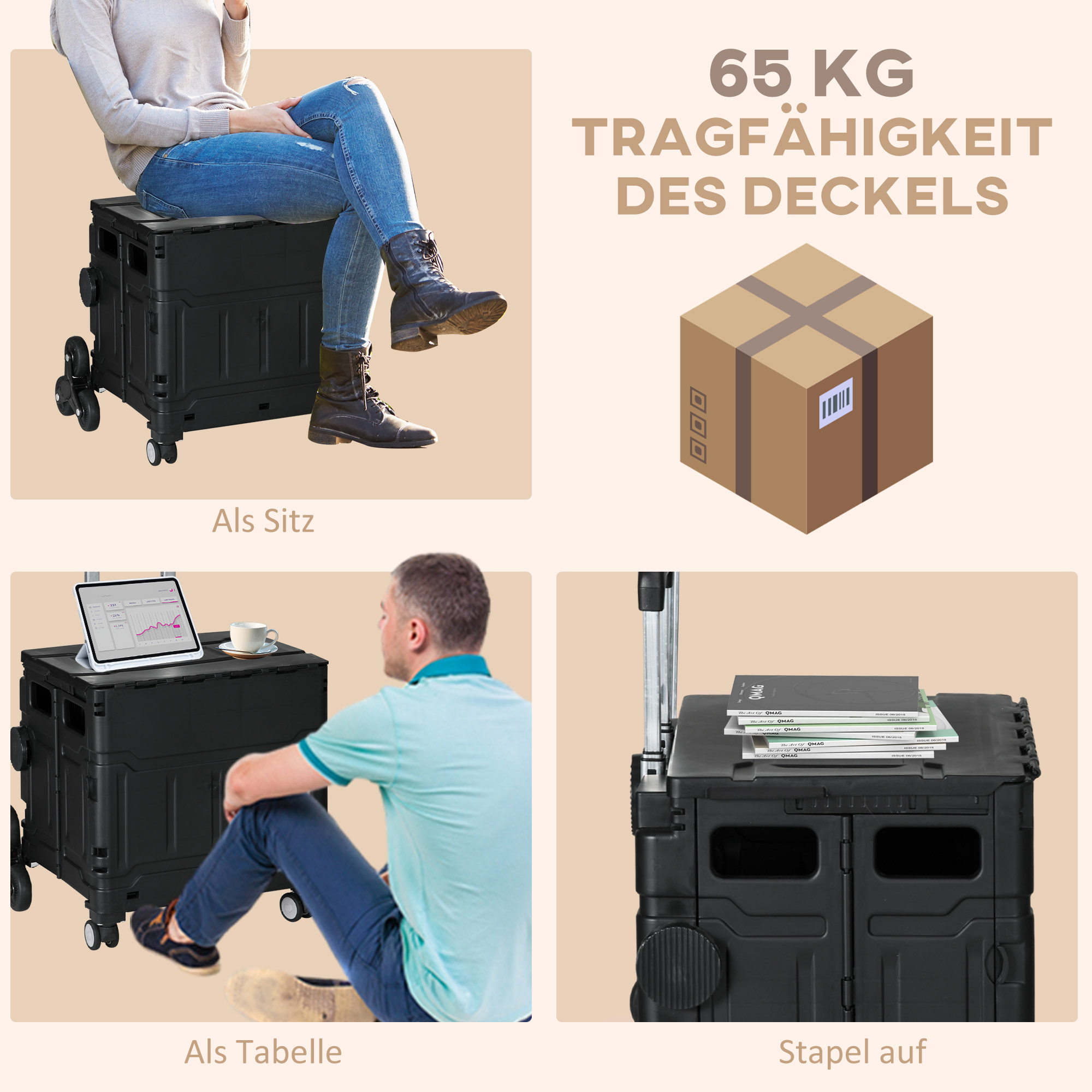 Einkaufswagen Einkaufstrolley, Treppensteiger,  klappbar, Teleskopgriff, bis max. 65 Kilo belastbar, Schwarz