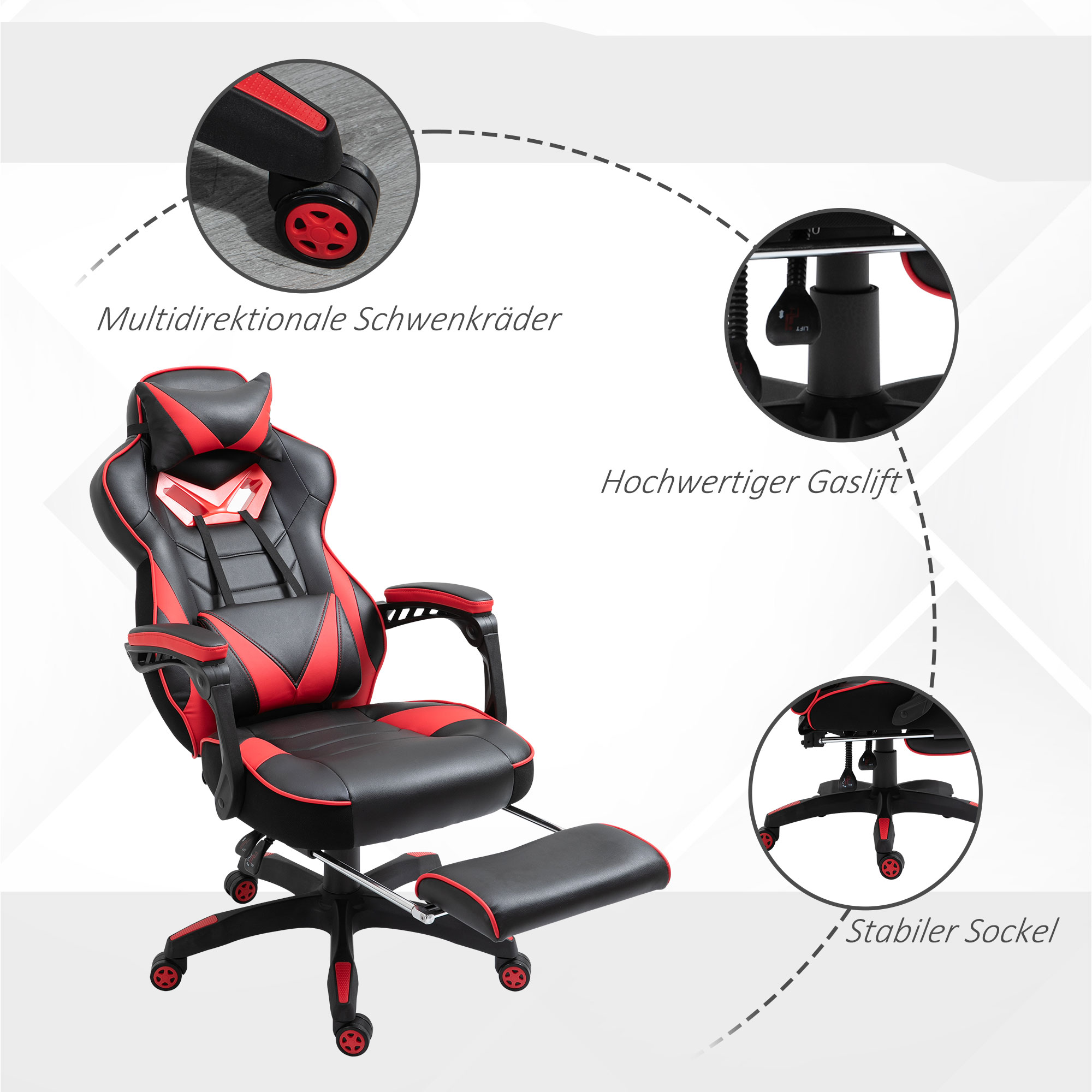 Ergonomischer Bürostuhl, Gaming Stuhl, Drehstuhl mit einziehbare Fußstütze und verstellbarer Rücken Schaumstoff+PU-Leder+Metall, Schwarz+Rot, 65 x 70 x 118,5-128,5 cm