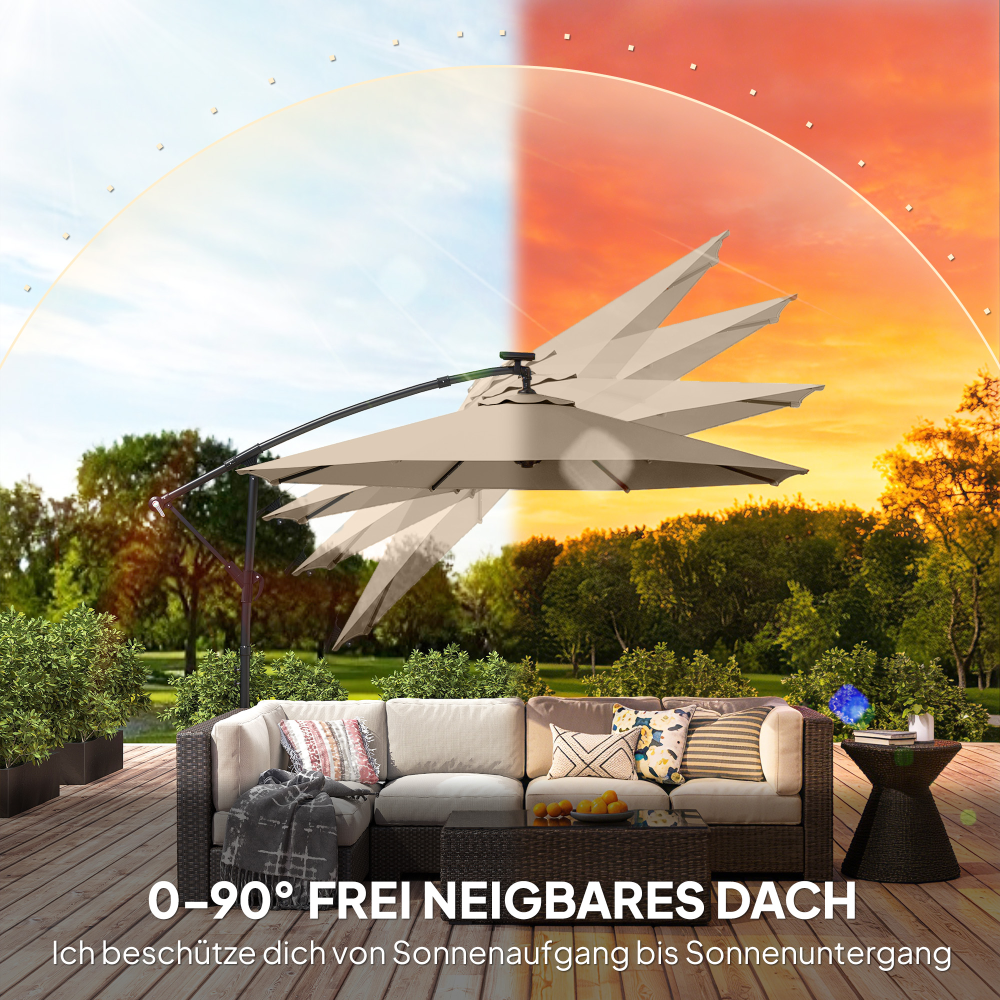 Ampelschirm LED Solar ca. Ø300 cm Drehbar Sonnenschirm mit Kurbel Ständer Schutzhülle Beige