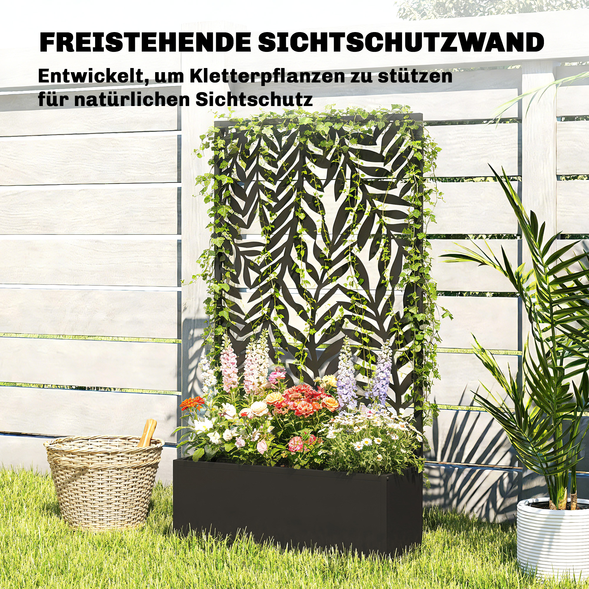 Blumenkasten mit Sichtschutz Pflanzkasten mit Rankgitter tropischen Blattmotiven 61 x 23 x 113 cm Schwarz