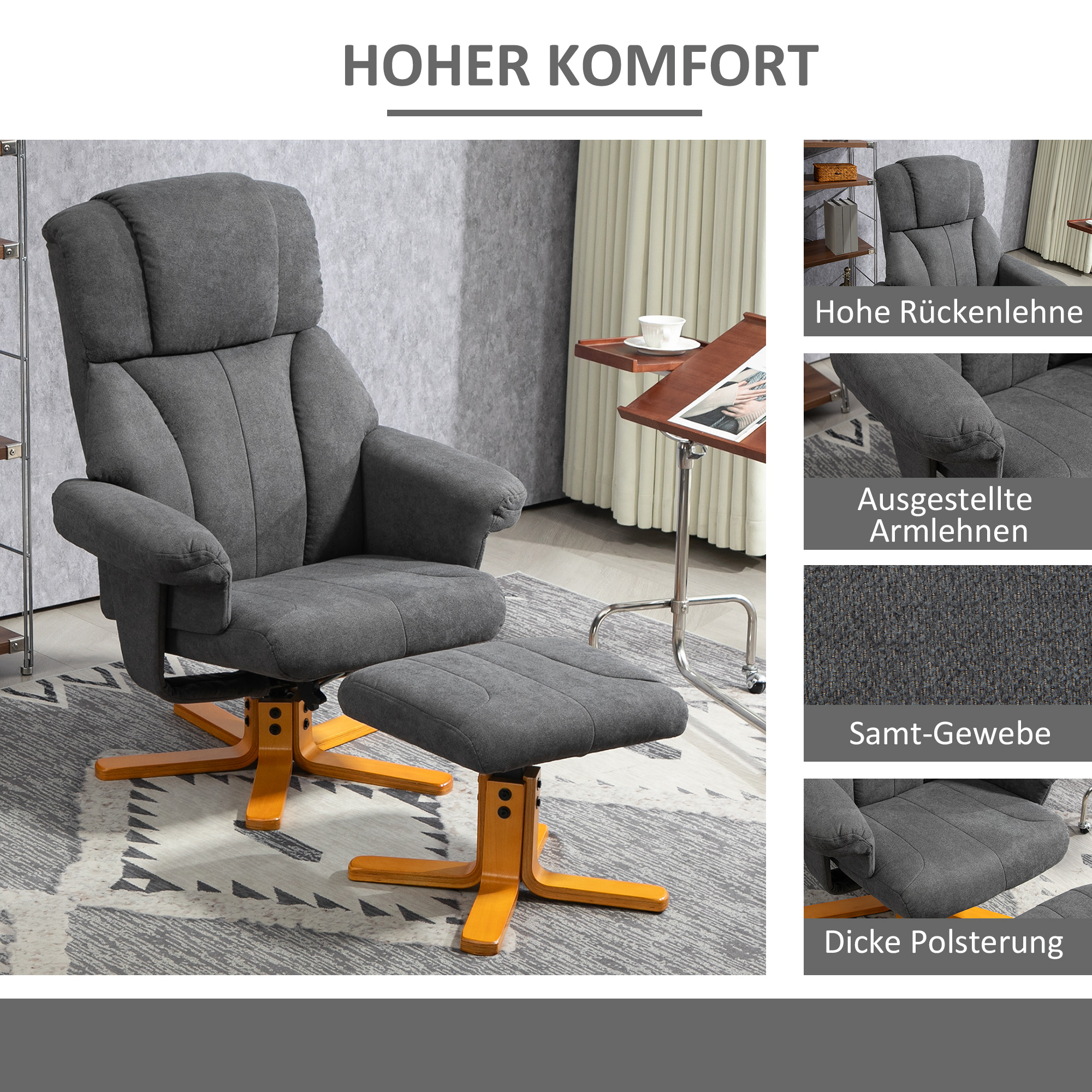 Verstellbarer Sessel mit Fußhocker mit hoher Lehne und Holzrahmen für Wohnzimmer, Schlafzimmer, Dunkelgrau