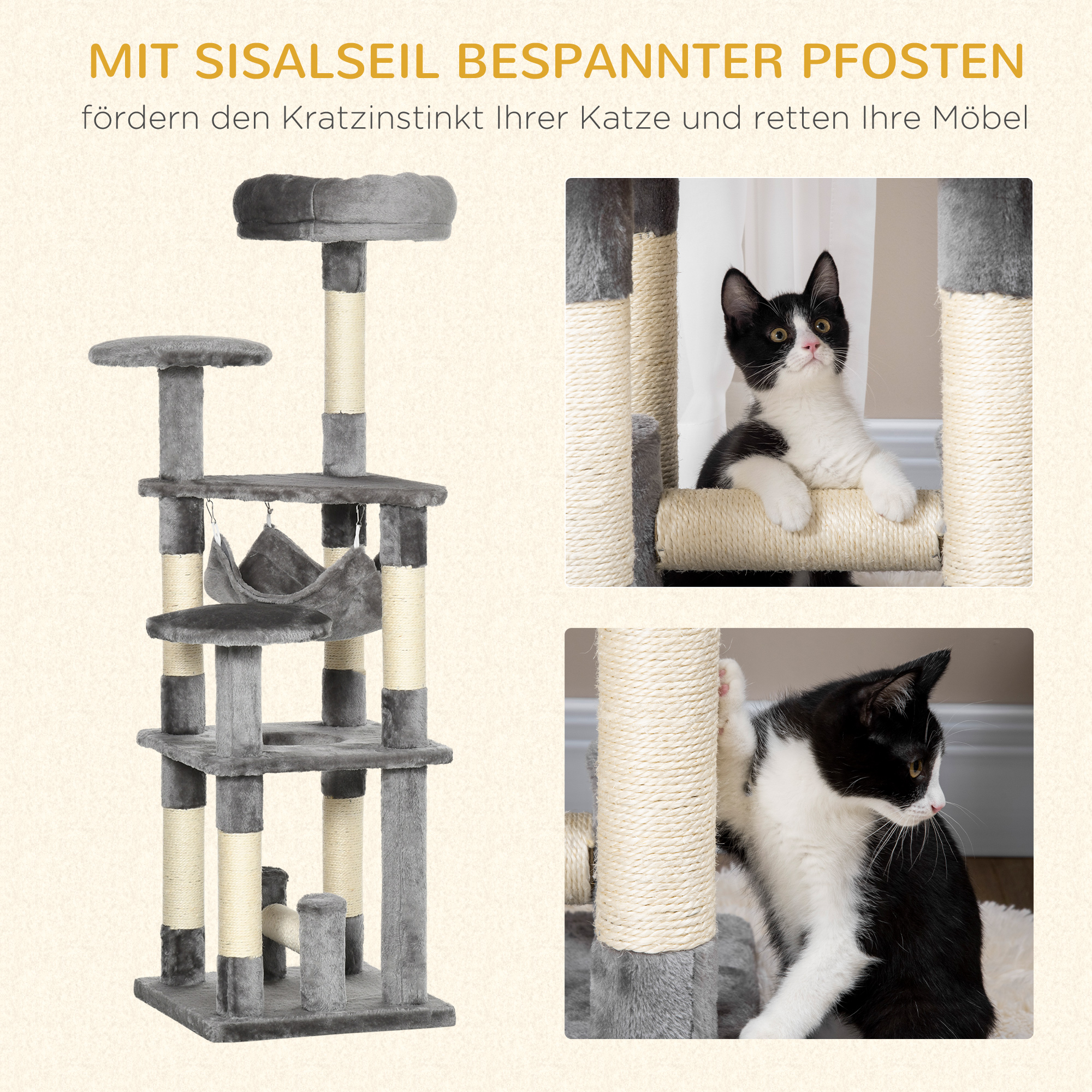 Katzenbaum Katzenkratzbaum Katzenspielturm Katzen Kletterbaum Kratzbaum Hängematte Grau L40 x B40 x H132 cm