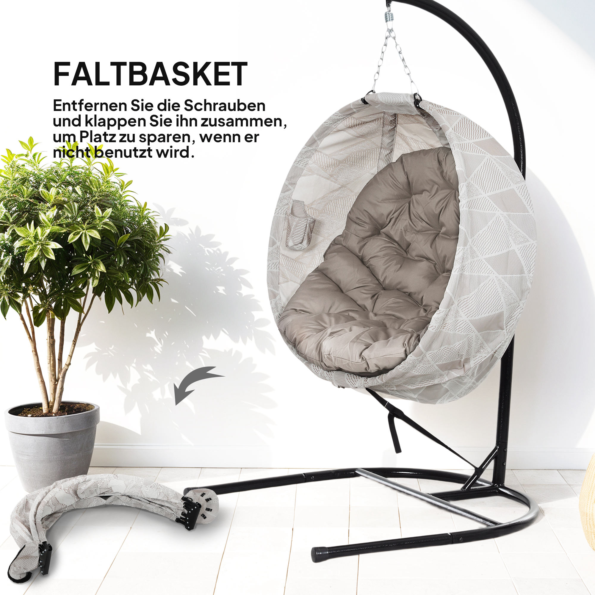 Eiförmiger Hängekorb, Hängesessel mit Schaukelfunktion und faltbarem Korb, Gartenstuhl, Becherhalter, Sandbraun