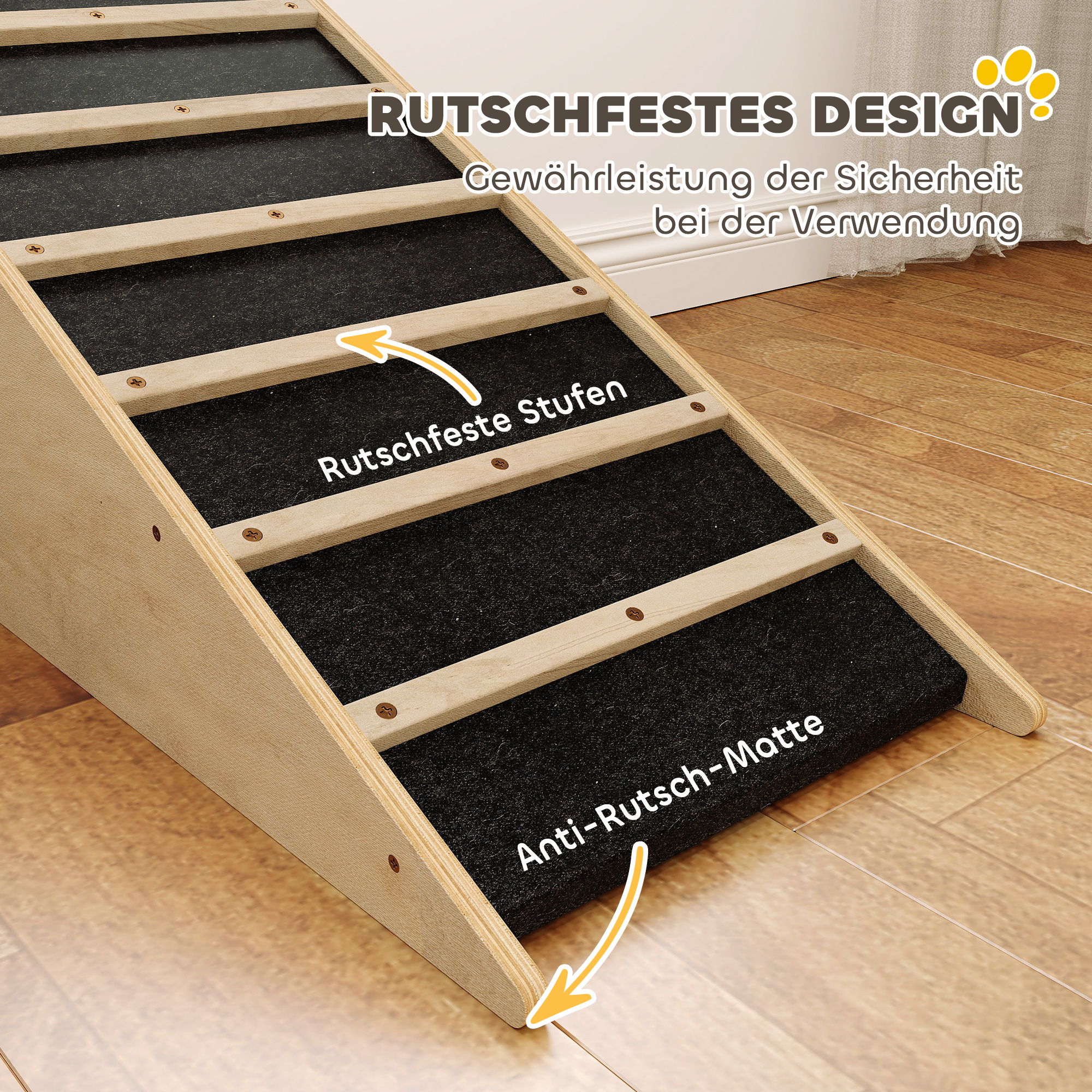 Haustiertreppe, Hundetreppe, Kiefernholz, Anti-Rutsch-Beschichtung, 90 cm x 40 cm x 45 cm, Natur + Grau