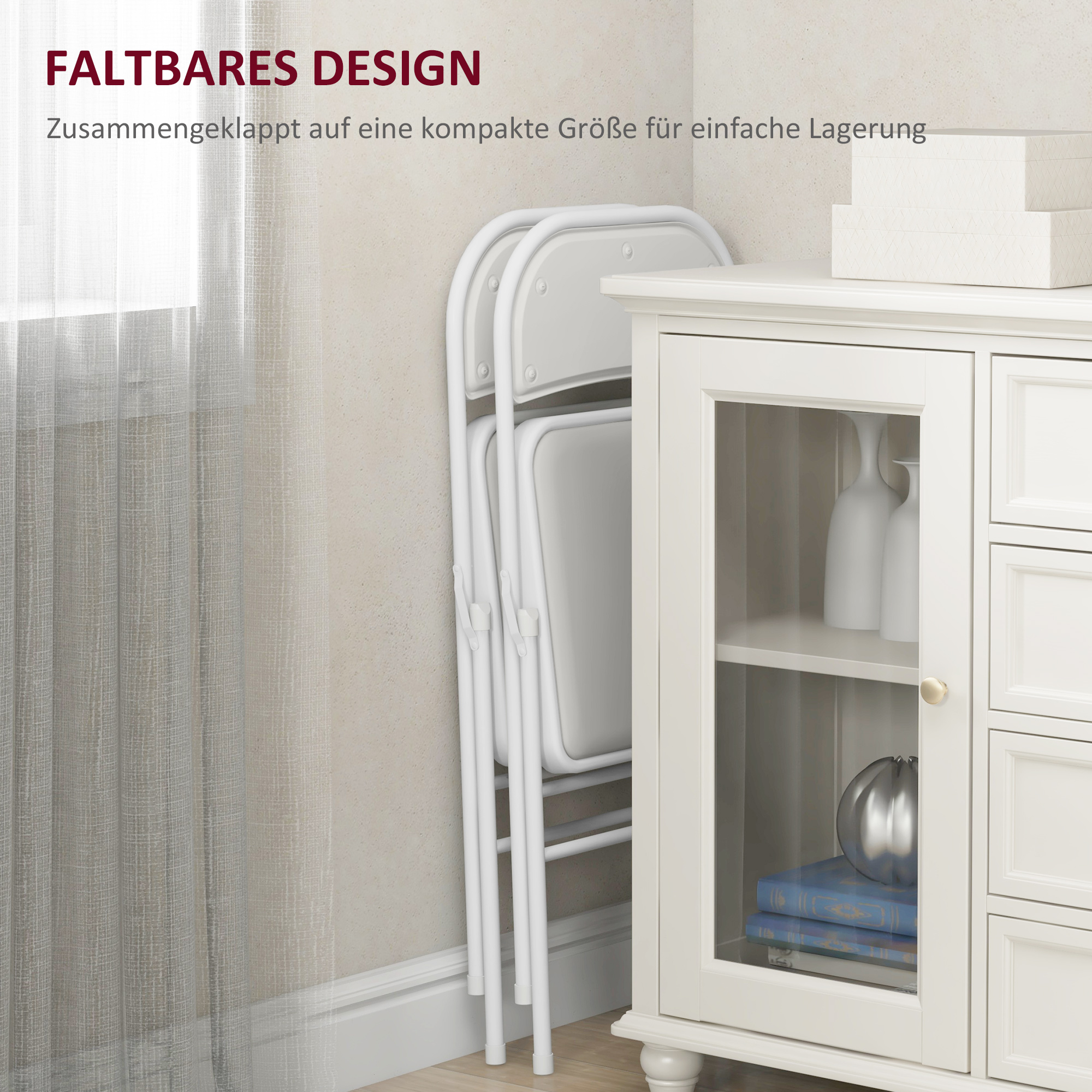 4er-Set Klappstühle, Tragbare Bürostühle, Metallbeine, Faltstuhl für Büro, Empfang, Wartezimmer, Kunstleder, Weiß