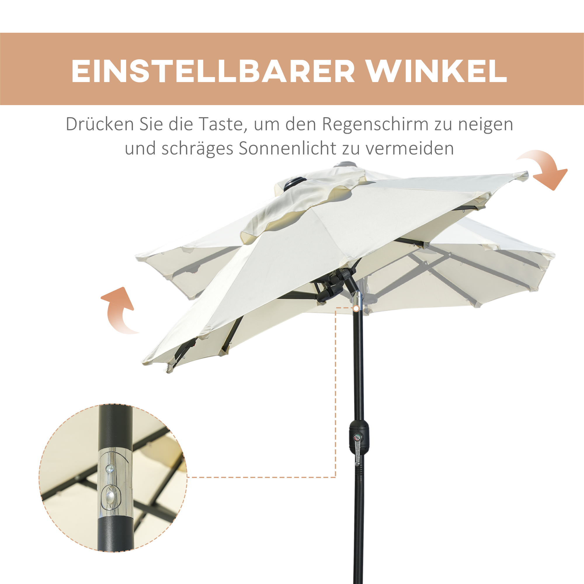 Doppelschirm, Terrassenschirm, neigbar, mit Solarpaneel, 35 LEDs, Stahlrahmen, beige, 2,92 x 1,50 x 2,18 m