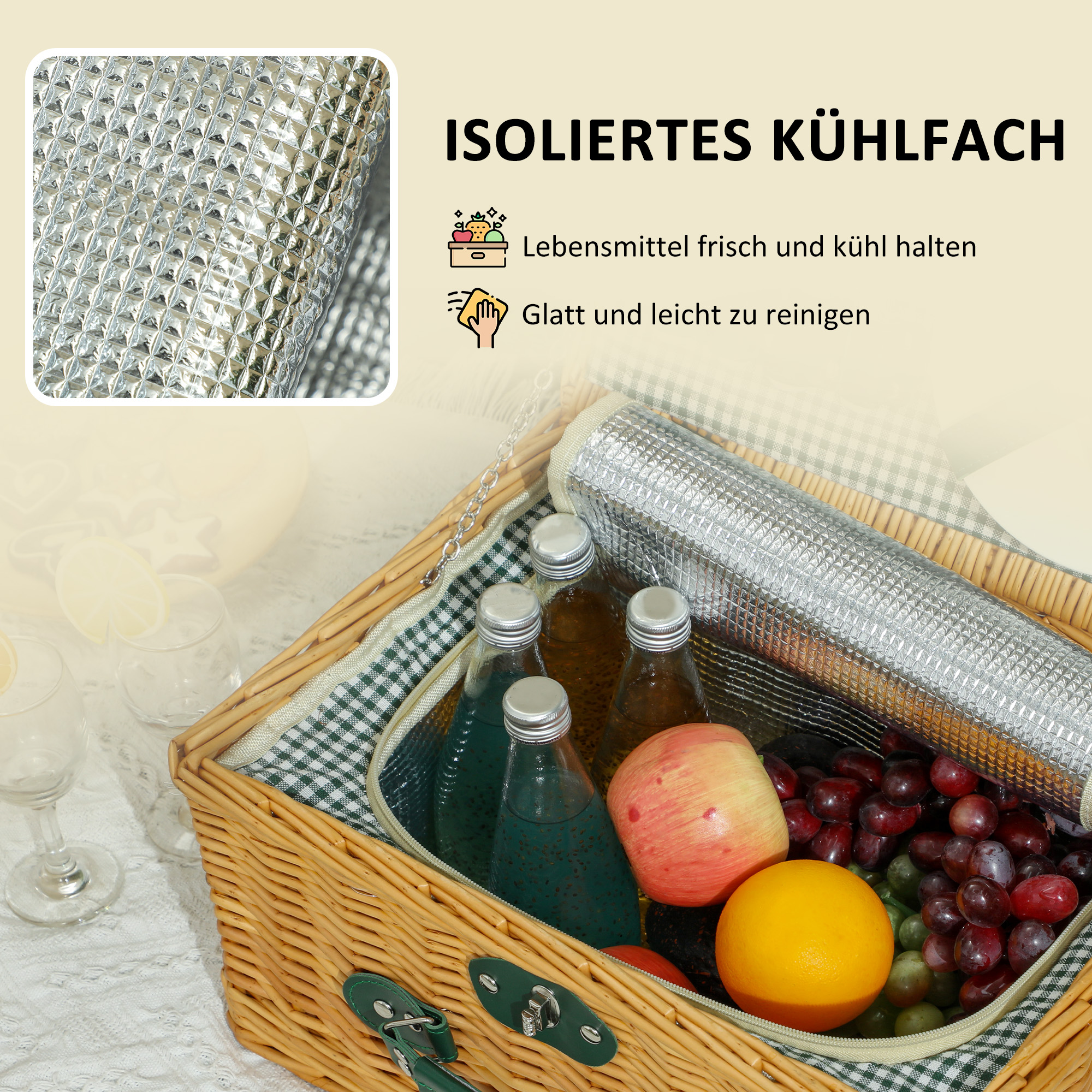 Picknickkorb aus Weidenholz Picknickkoffer für 2 Personen mit Isoliert Kühlfach Besteck Set Hellbraun