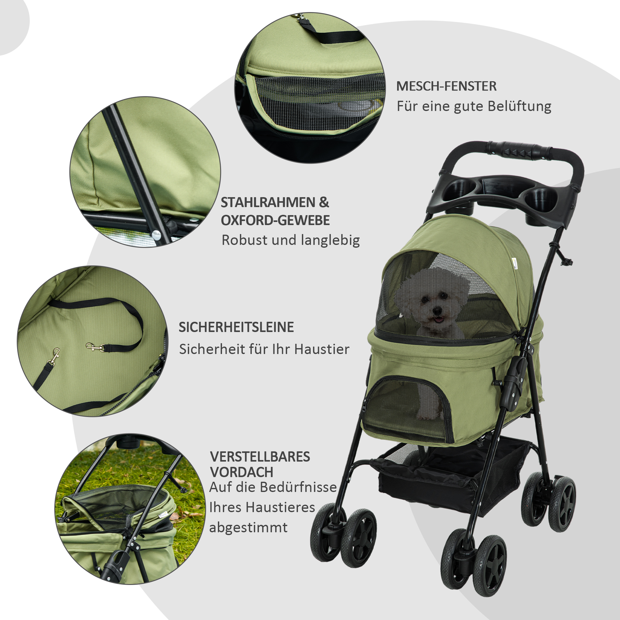 Hundewagen Hundebuggy, klappbar, 2 Sicherheitsleinen, 2 Becherhalter,  67 x 45 x 96 cm, Khaki