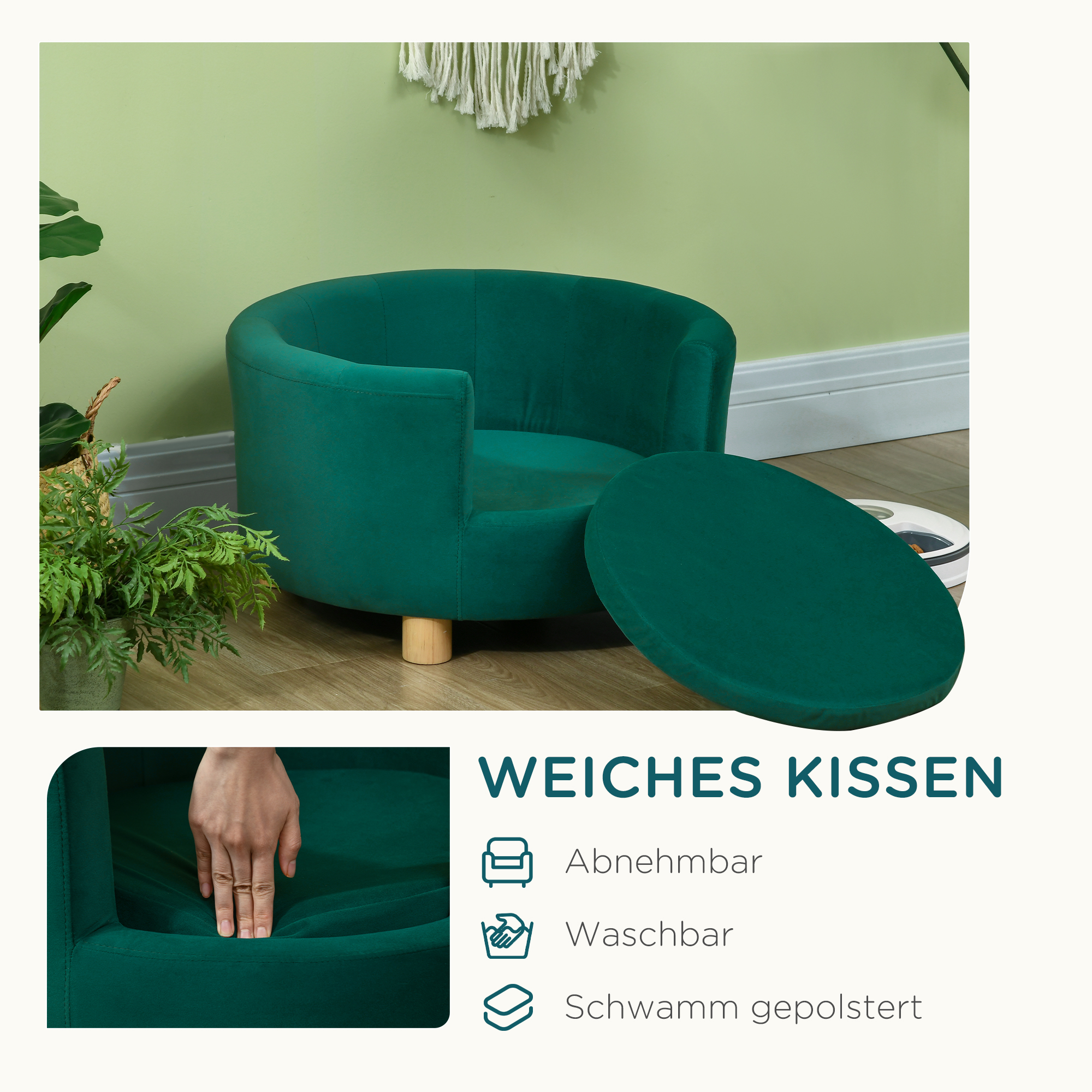 Hundesofa Hundecouch, Waschbarer Bezug, Haustiersofa mit Rückenlehne und Holzbeine, Katzensofa, für kleine Hunde unter 4,5 kg, Grün