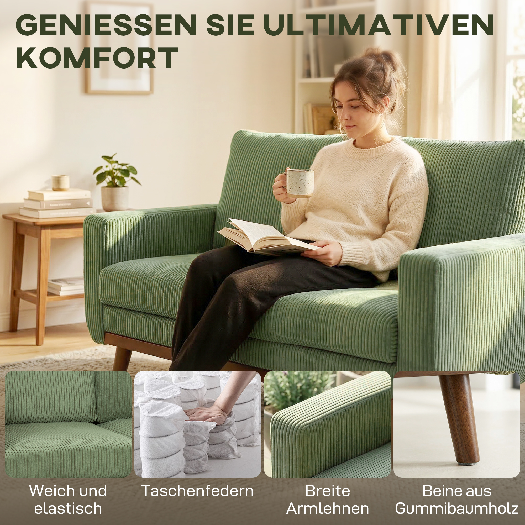 2-Sitzer-Sofa, 134 cm Cord-Sofa mit Taschenfedern, dicker Rückenlehne, Holzlatten-Akzent, Grün