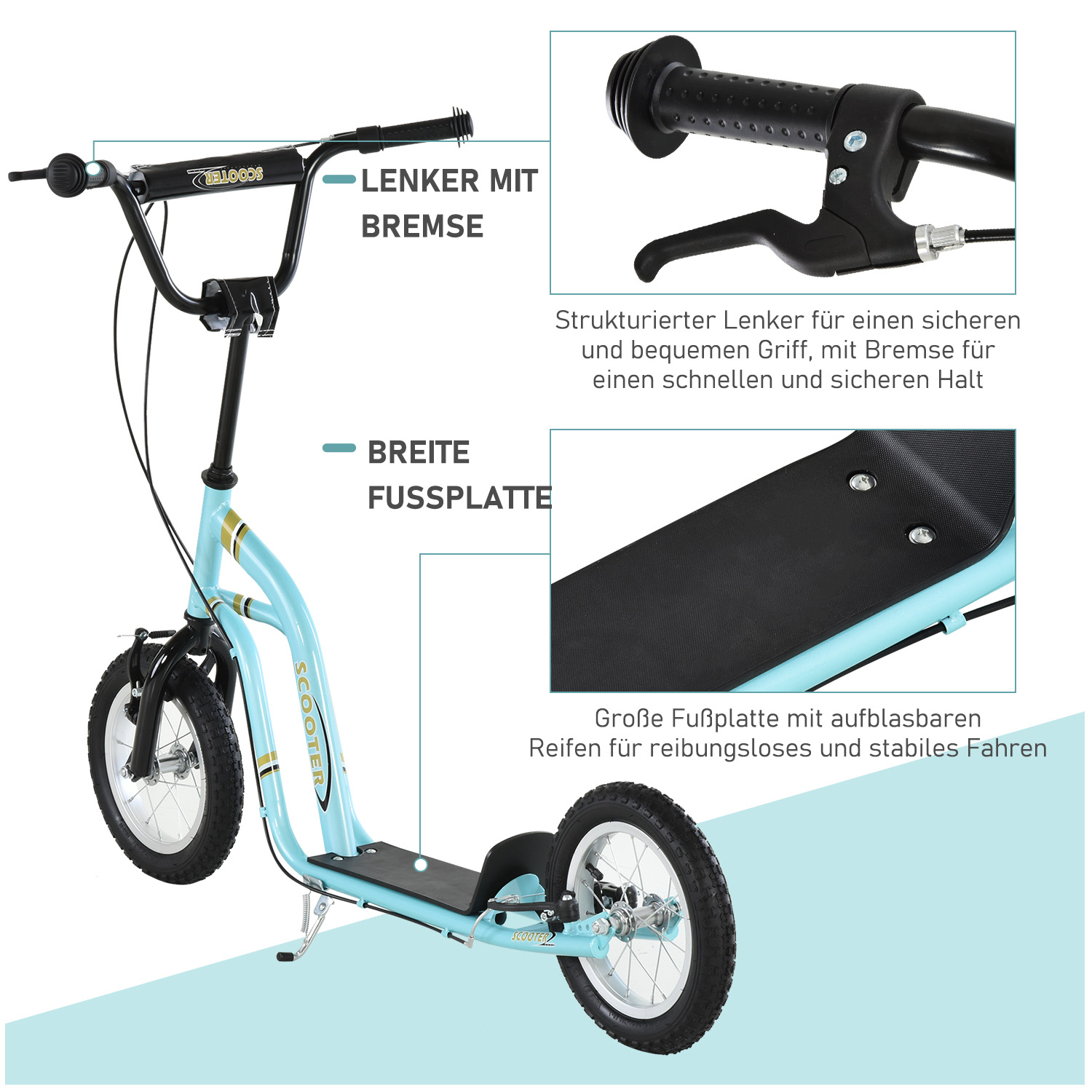 Kinderroller ab 5 Jahre, Tretroller, Cityroller für Kinder, Aluminium, 120 x 58 x 85-95 cm, Hellblau