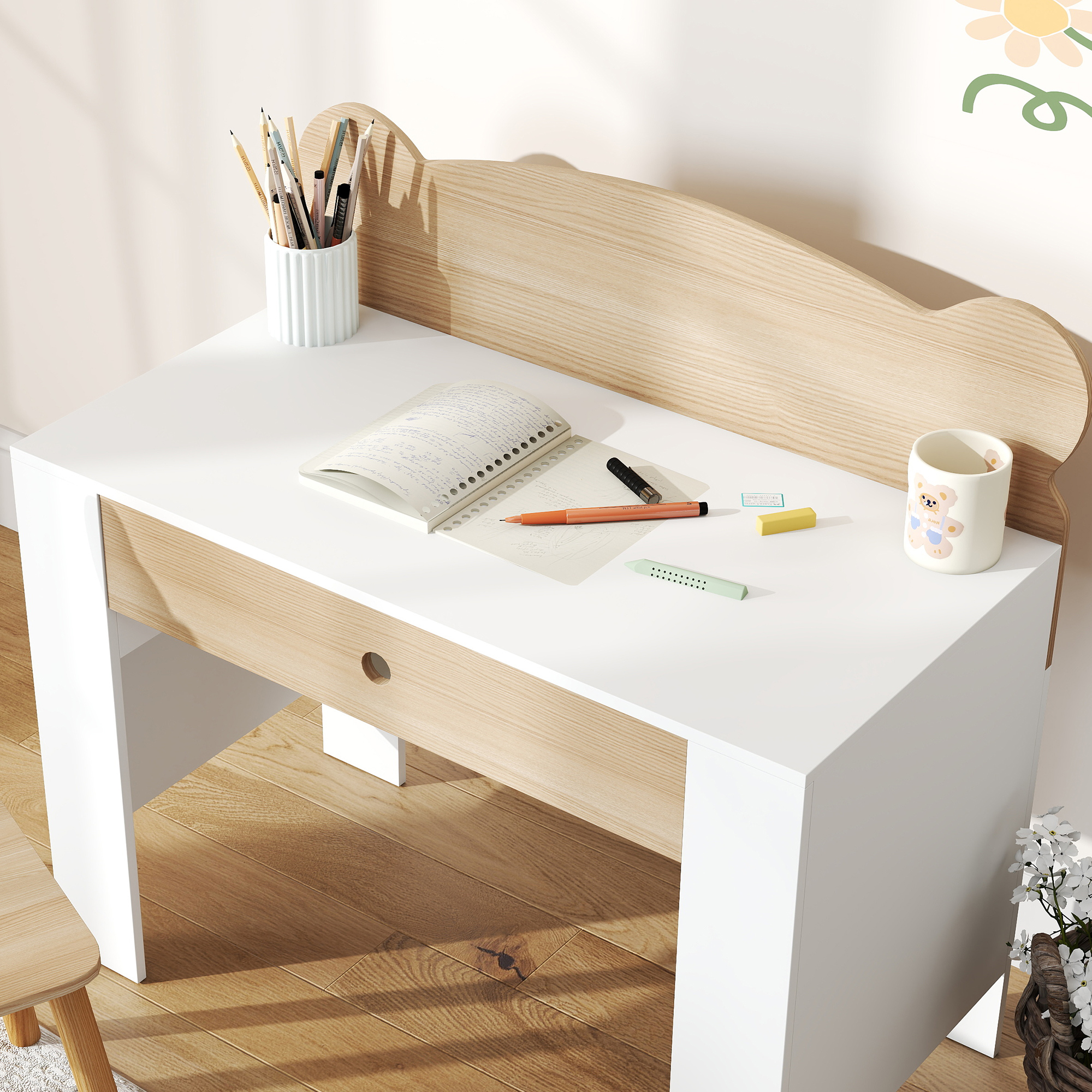 Schreibtisch-Set für Kinder, Arbeitstisch und Stuhl mit Bärenform, Schublade, zum Schreiben und Basteln, 3-8 Jahre, Naturholz