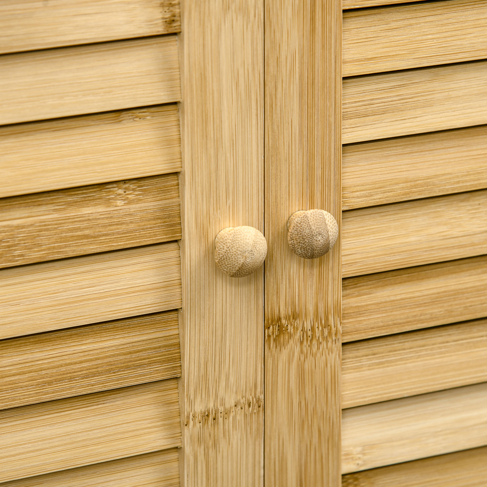 Badezimmerschrank Badschrank Standregal mit 2 Lamellentüren, offenem Regal, Bambus, Aufbewahrungsschrank Schrank für Badezimmer, Wohnzimmer 50 x 25,5 x 92cm Natur