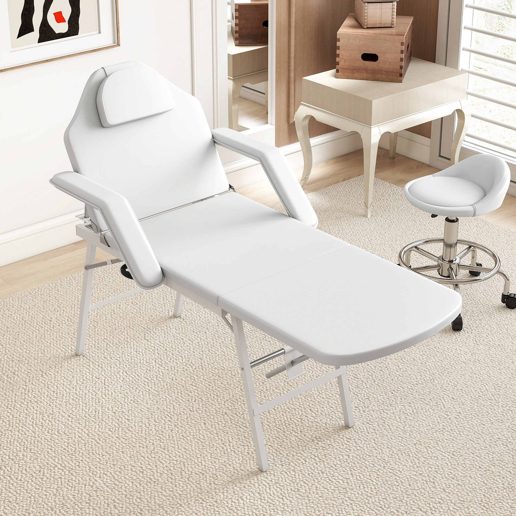 Tragbarer Massagetisch, Klappbare Massageliege mit Kunstleder-Bezug, Schaumstoff-Polsterung, Stahlrahmen, Weiß