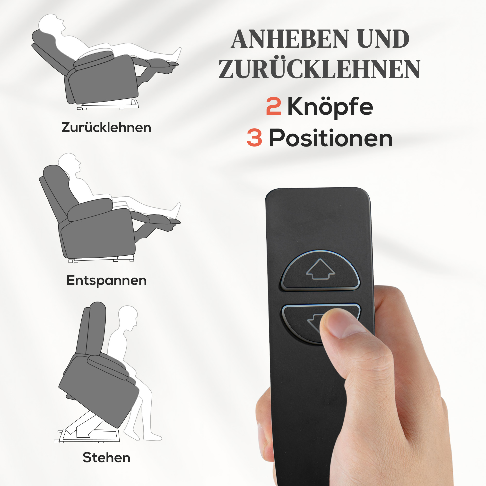 Aufstehhilfe Seniorensessel, Liegefunktion, inkl. Fernbedienung, 144 cm x 91 cm x 88 cm, Grau