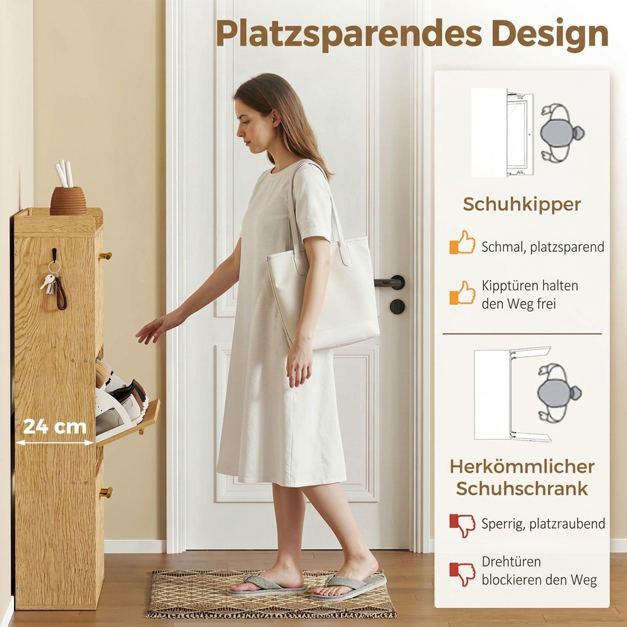 schmaler Schuhschrank mit Klappdesign und 3 Fächern, hellbraun