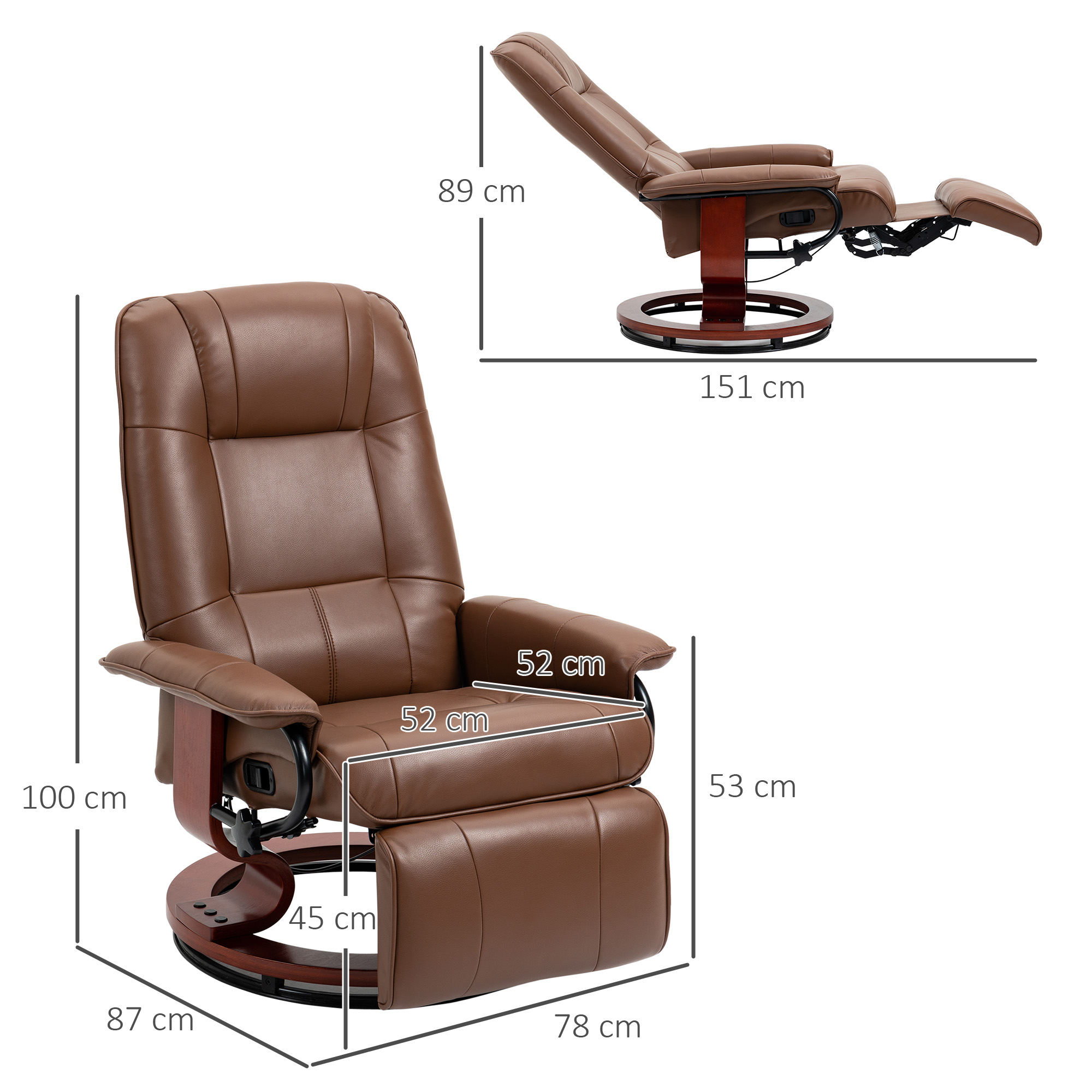 Relaxsessel, 145° neigbar, verstellbare Fußstütze, Kunstleder, 360° drehbar, bis 120 kg, Braun