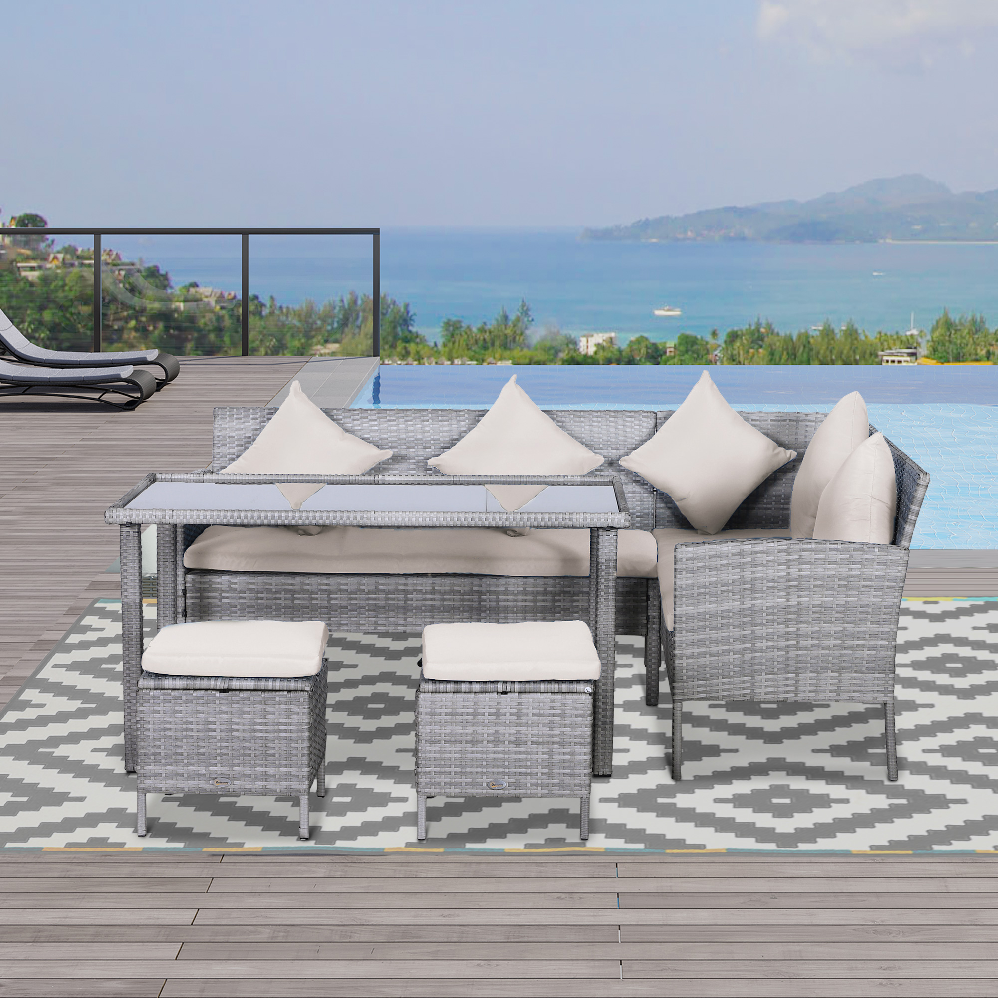 5-tlg, Gartenmöbel Set, Rattan Sitzgruppe mit Fußhocker, Metall, Grau, 142 x 60 x 75 cm