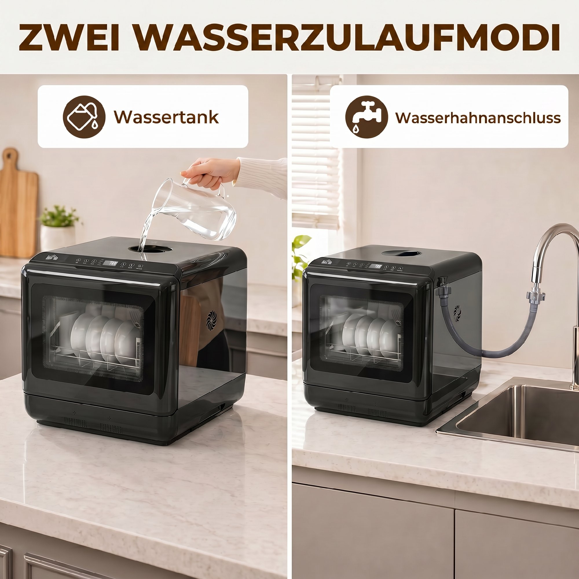 Tischgeschirrspüler, mit integriertem 6-Liter-Wassertank, 5 Programmen, 4 Gedecke, LED-Display Schwarz