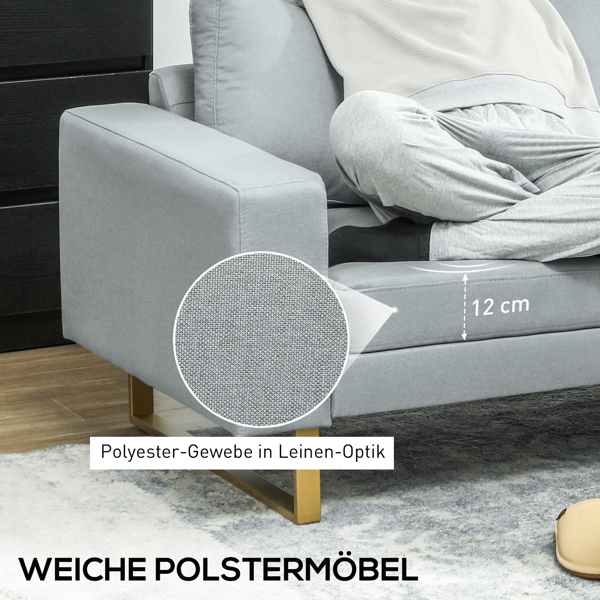 3-Sitzer-Sofa, Couch mit Vollholzrahmen, Metallbeine, schlichtes Design, Hellgrau