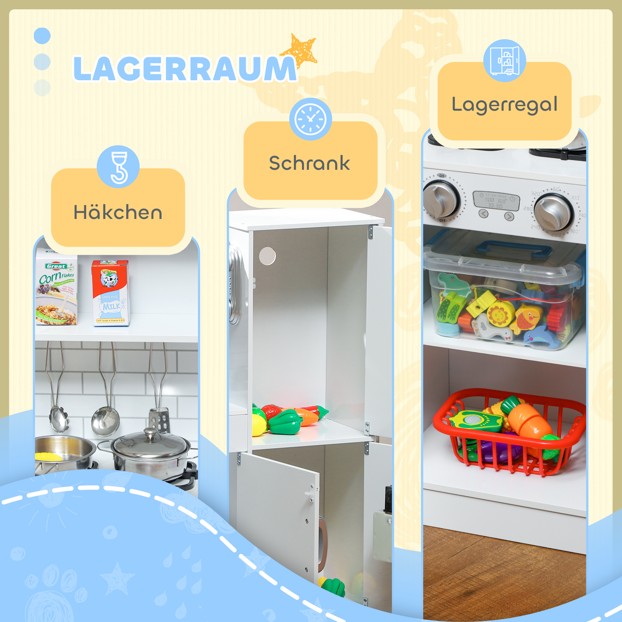 Kinderküche, Spielküche mit Telefon, Kreidetafel, Mikrowelle, Herd, Spüle, Zubehör, Eiswürfelmaschine, 3-8 Jahre, Weiß