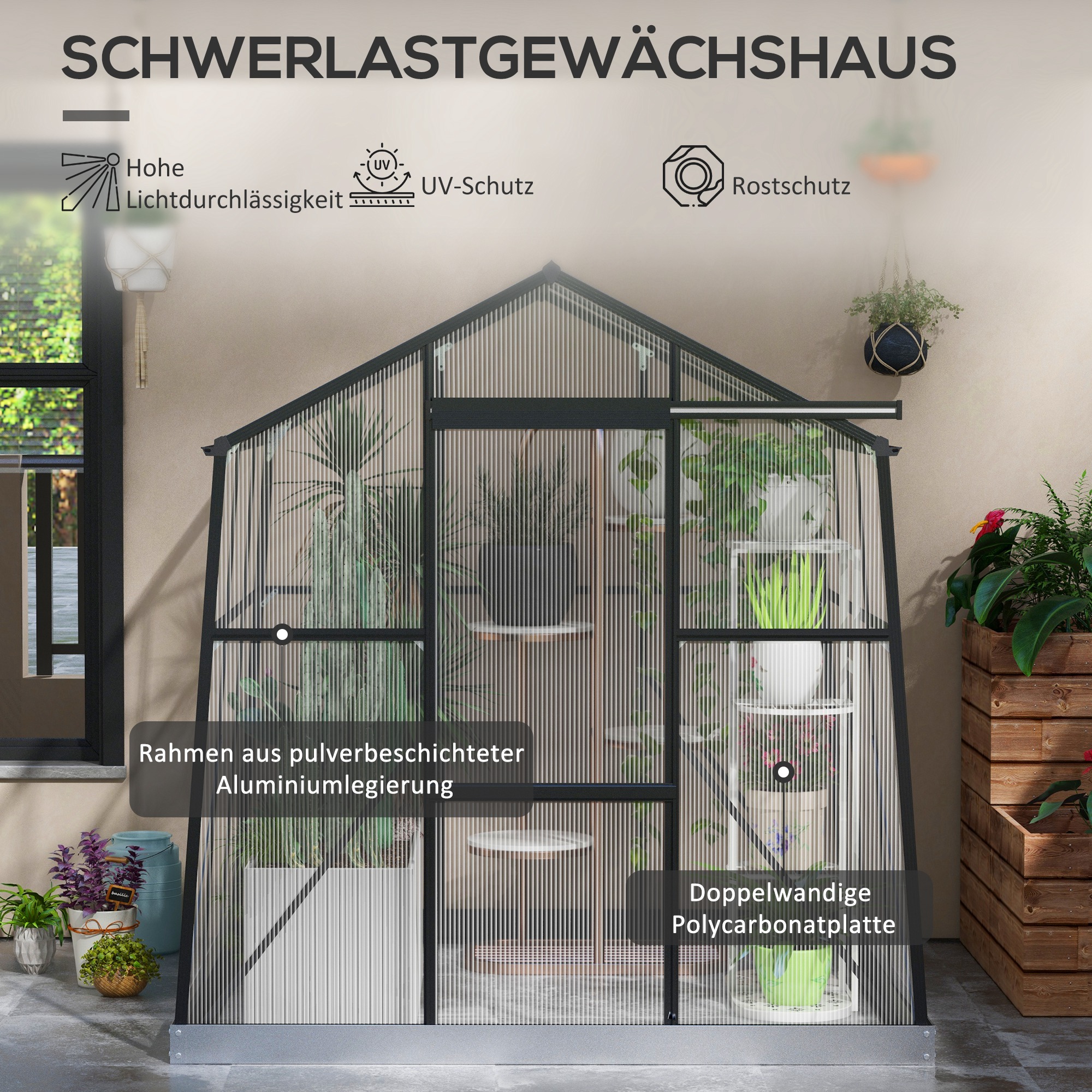 Gewächshaus Treibhaus Frühbeet, wetterbeständig, 192 x 192 x 203 cm, Schwarz