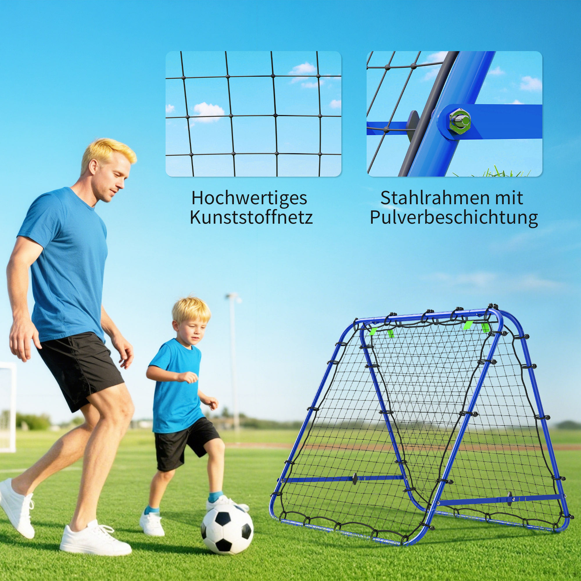 Rebounder für Fußball, verstellbar Prellwand mit 5 Winkelpositionen und Rückprallwand Netz, 100 x 68-95cm Kickback Tor Fußballtor für Jugendliche, Rückprallwand für Handball Training, Blau