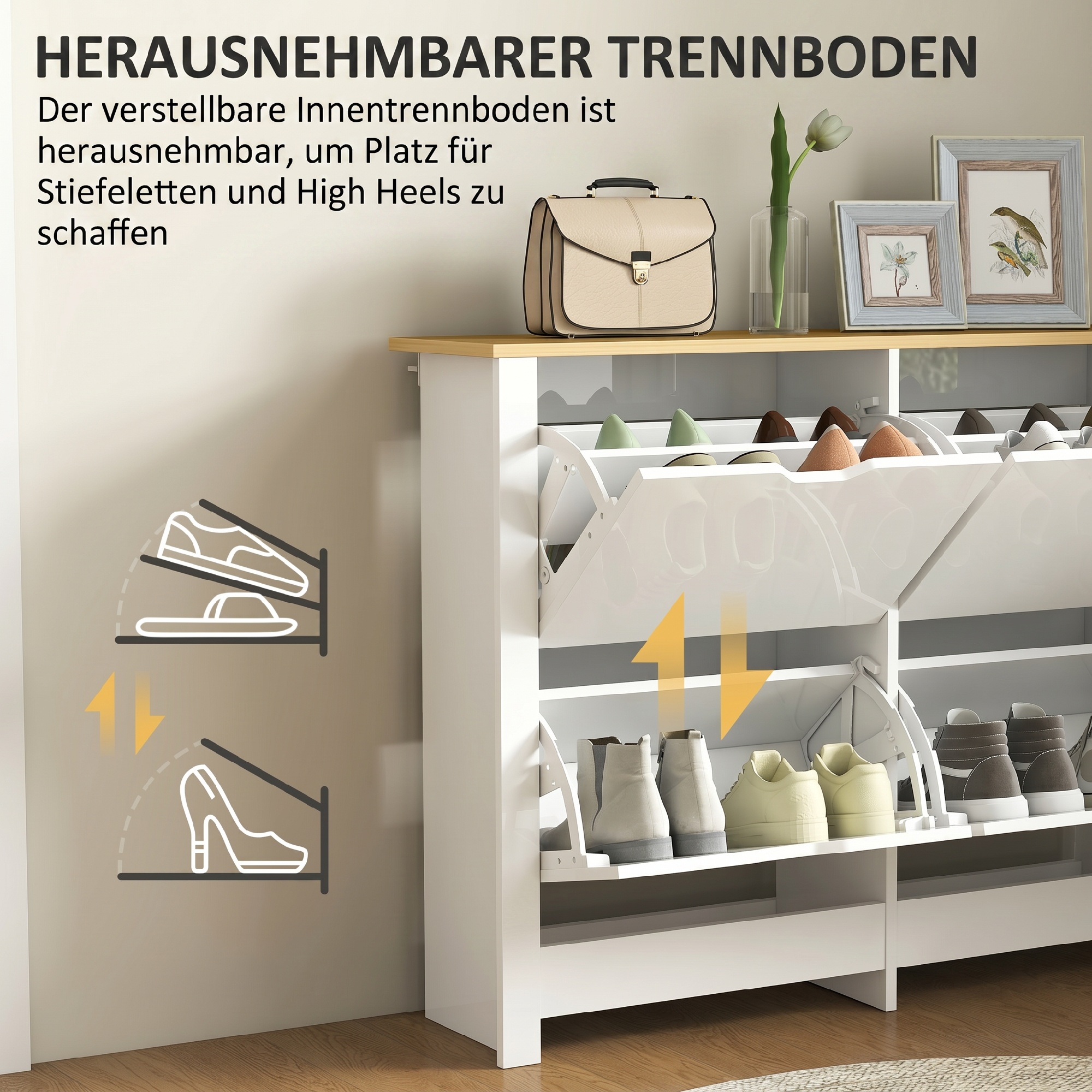 Schuhschrank Schmal mit 4 Klappfächern für 8–16 Paar Schuhe, 105 x 26 x 80 cm, Weiß+Natur