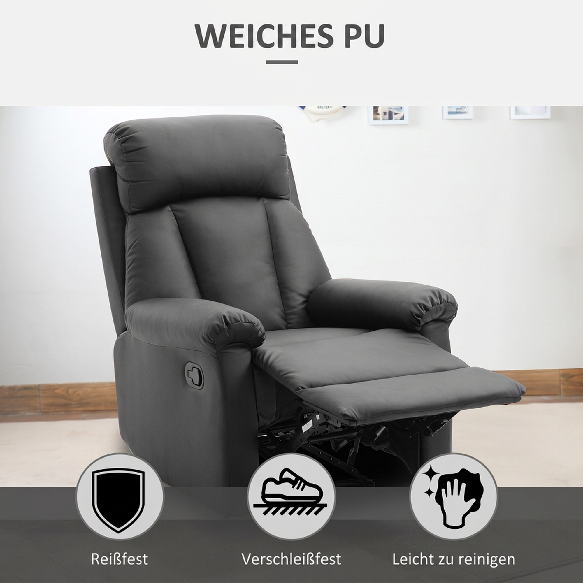 Relaxsessel Fernsehsessel mit Liegefunktion, Manuell Verstellbar Ruhesessel aus Kunstleder für Wohnzimmer, Schwarz
