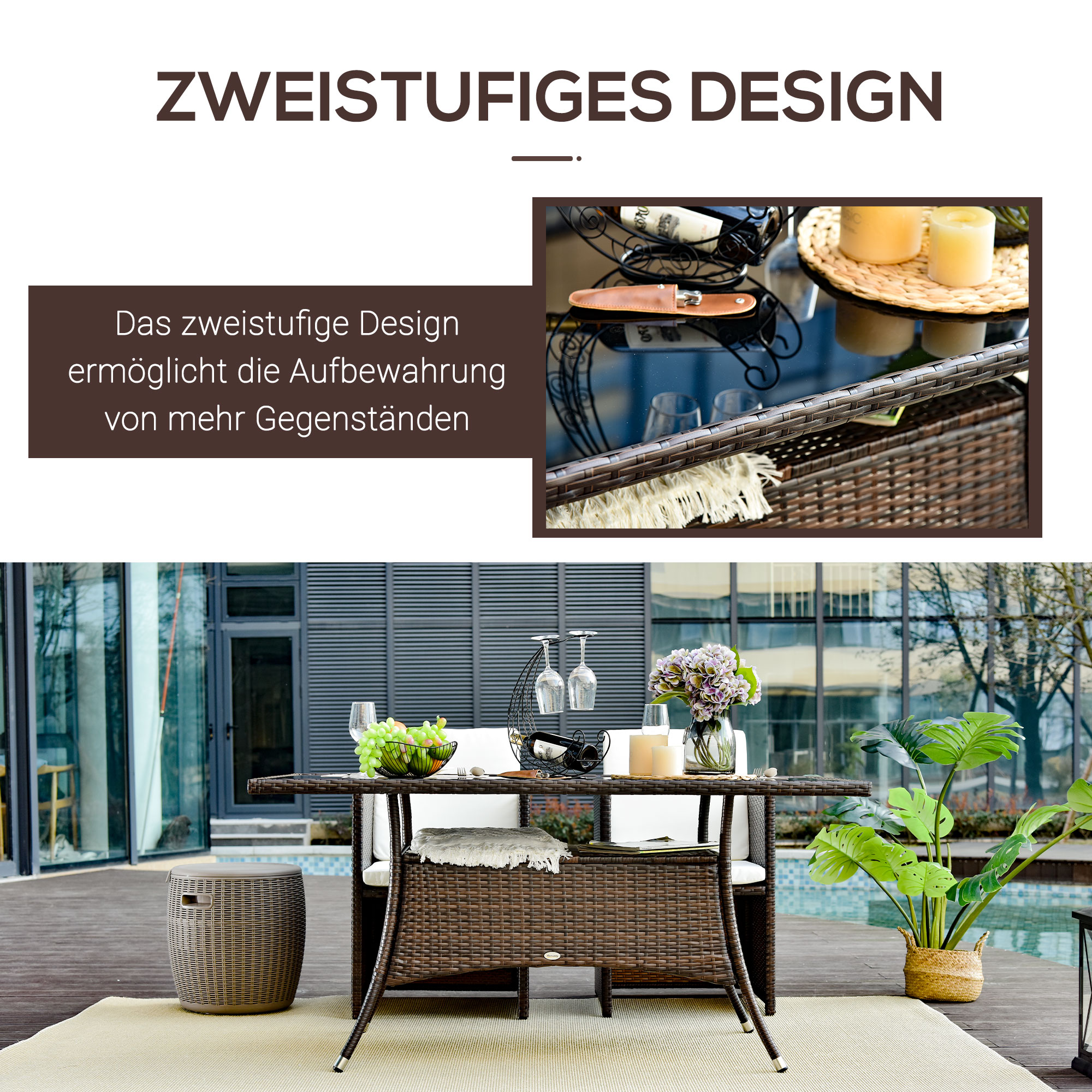Gartentisch Glastisch Esstisch Gartenmöbel Tisch, Polyrattan+Sicherheitsglas, braun+schwarz, 150x85x74cm