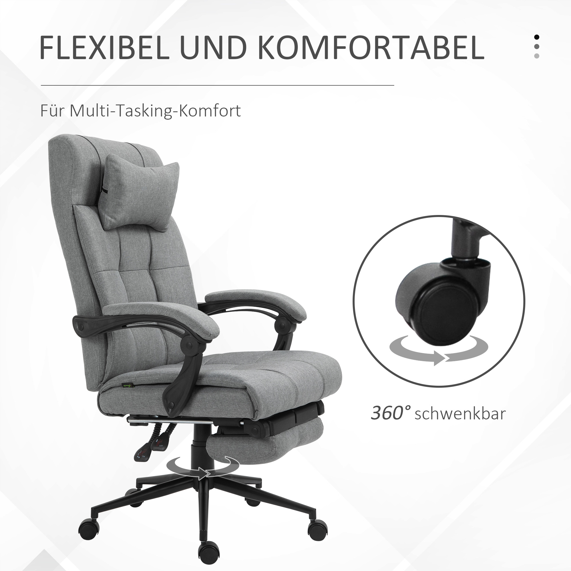 Bürostuhl mit Kopfkissen Armlehne Schreibtischstuhl mit Neigungswinkel Höhenverstellbarer Drehstuhl mit Fußstütze Leinen Schaumstoff PVC Hellgrau 66 x 76 x 112-120 cm