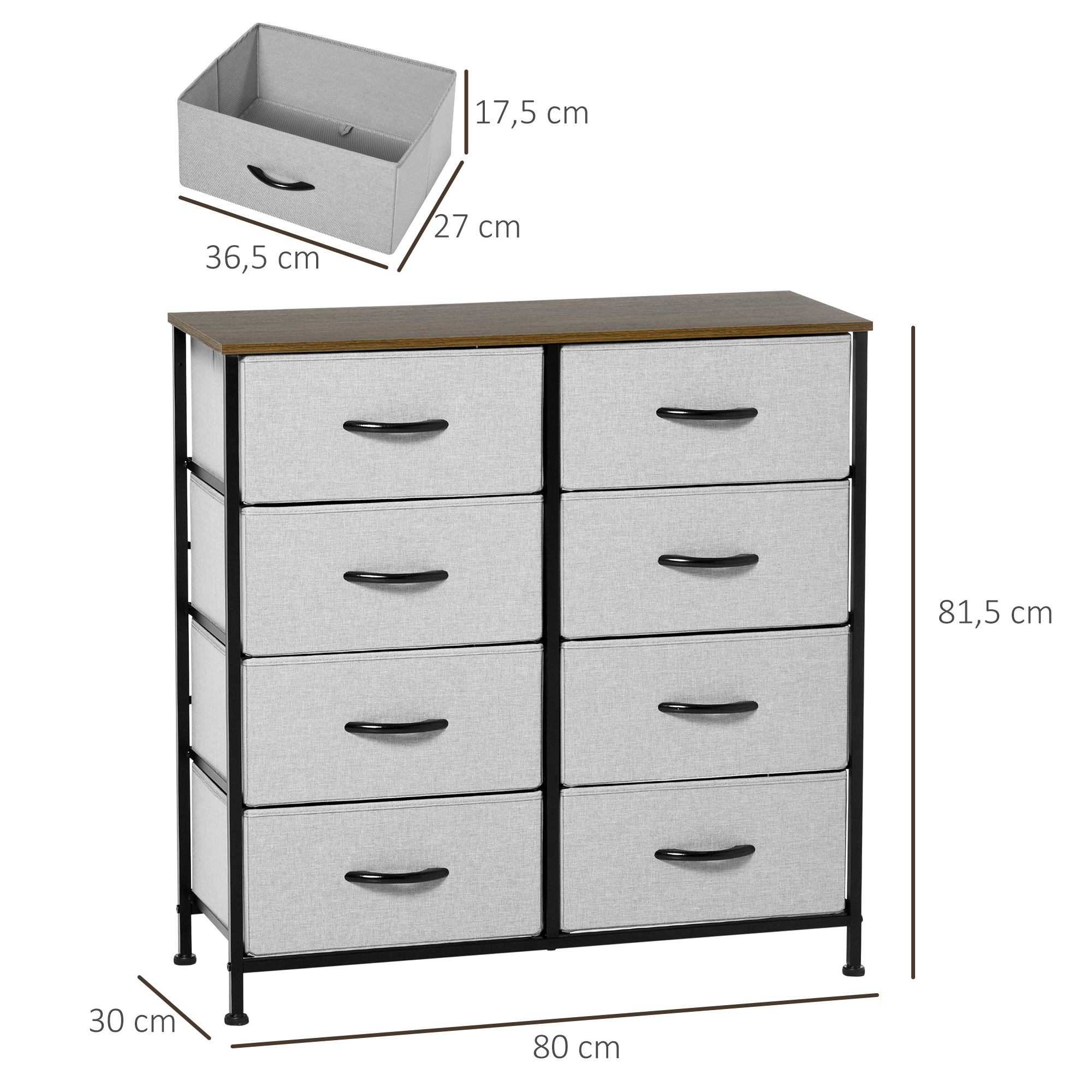 Kommode mit 8 Stoffschubladen, Metallrahmen, Ablage, 80x30x81,5 cm, Grau/Schwarz
