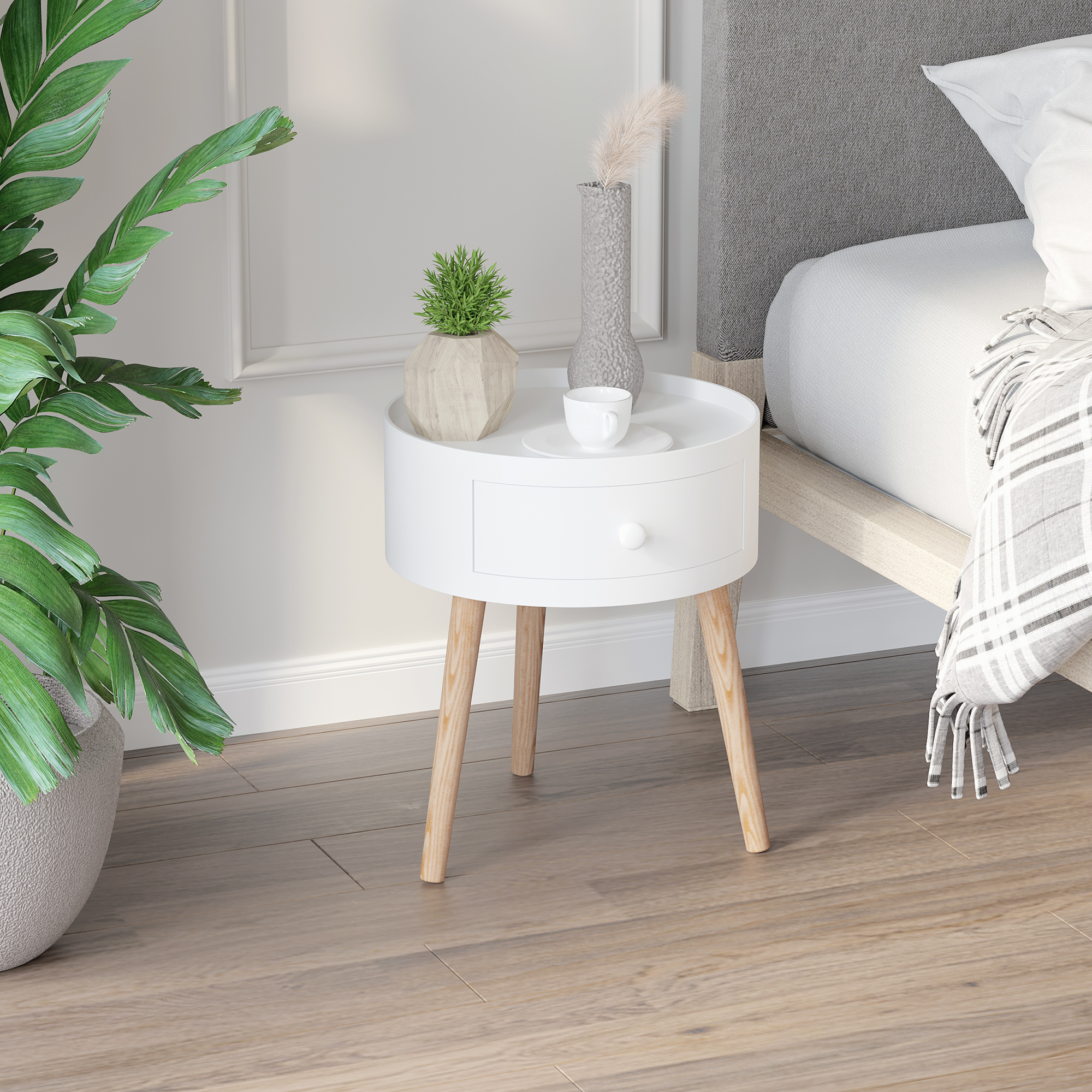 Couchtisch mit Schublade, rund, Skandi-Design, Schutzrand, Holz, Ø38 x H45 cm, Weiß