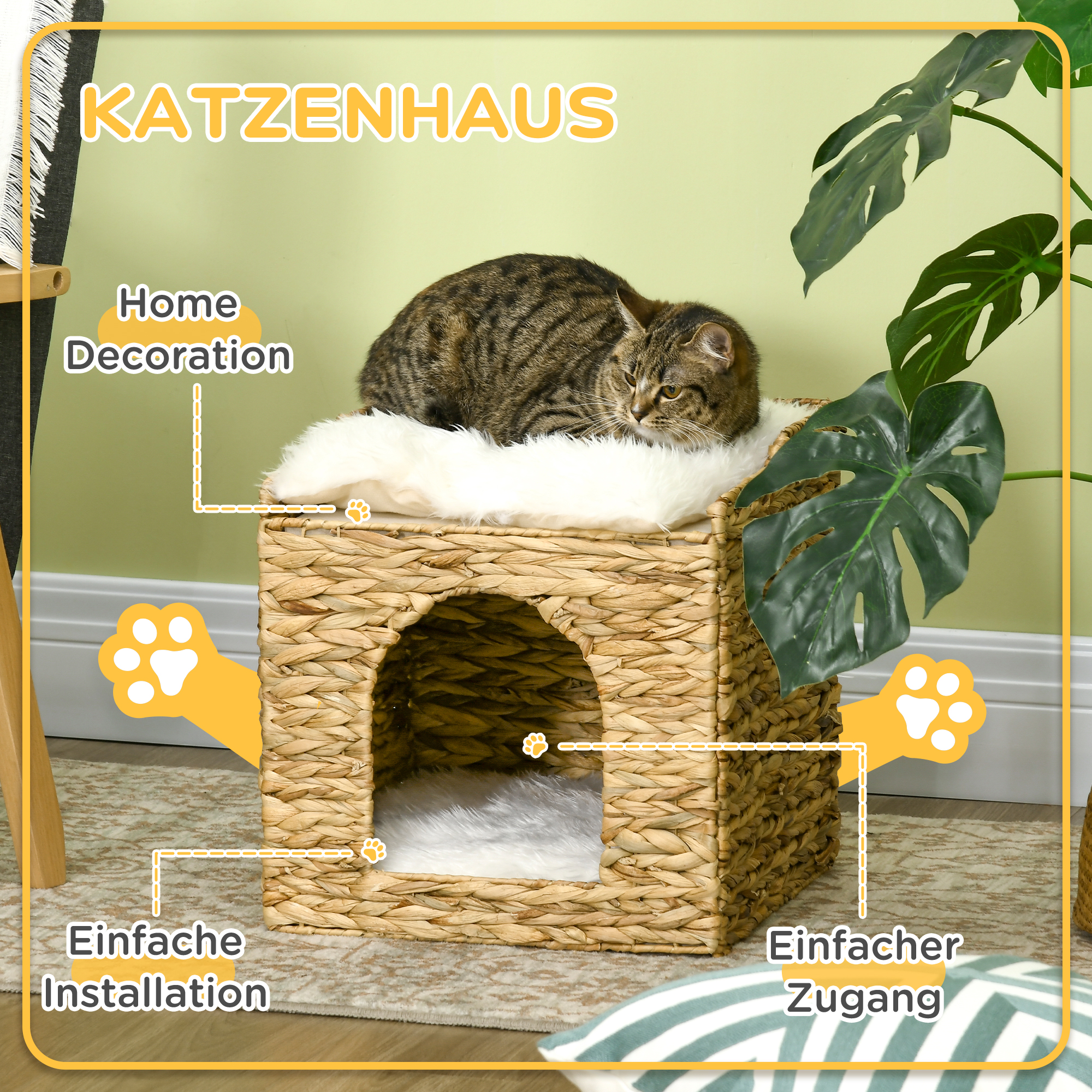 Katzenhöhle aus Wasserhyazinthen-Gras, 2 Liegefläche, 2 waschbare Kissen, Natur + Weiß