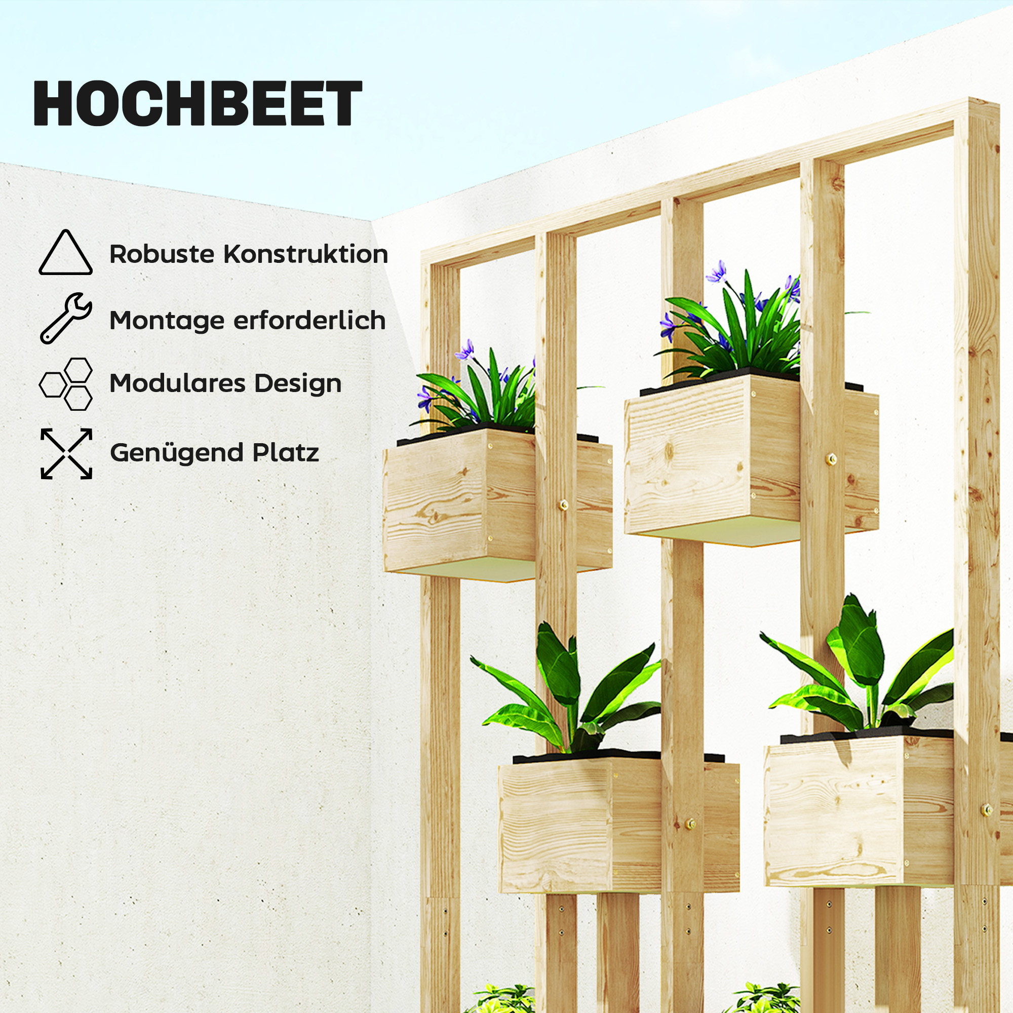 Hochbeet mit Rankgitter Körbe, Holz Pflanzkasten Pflanzkübel Blumenkasten, 90 x 45 x 170 cm