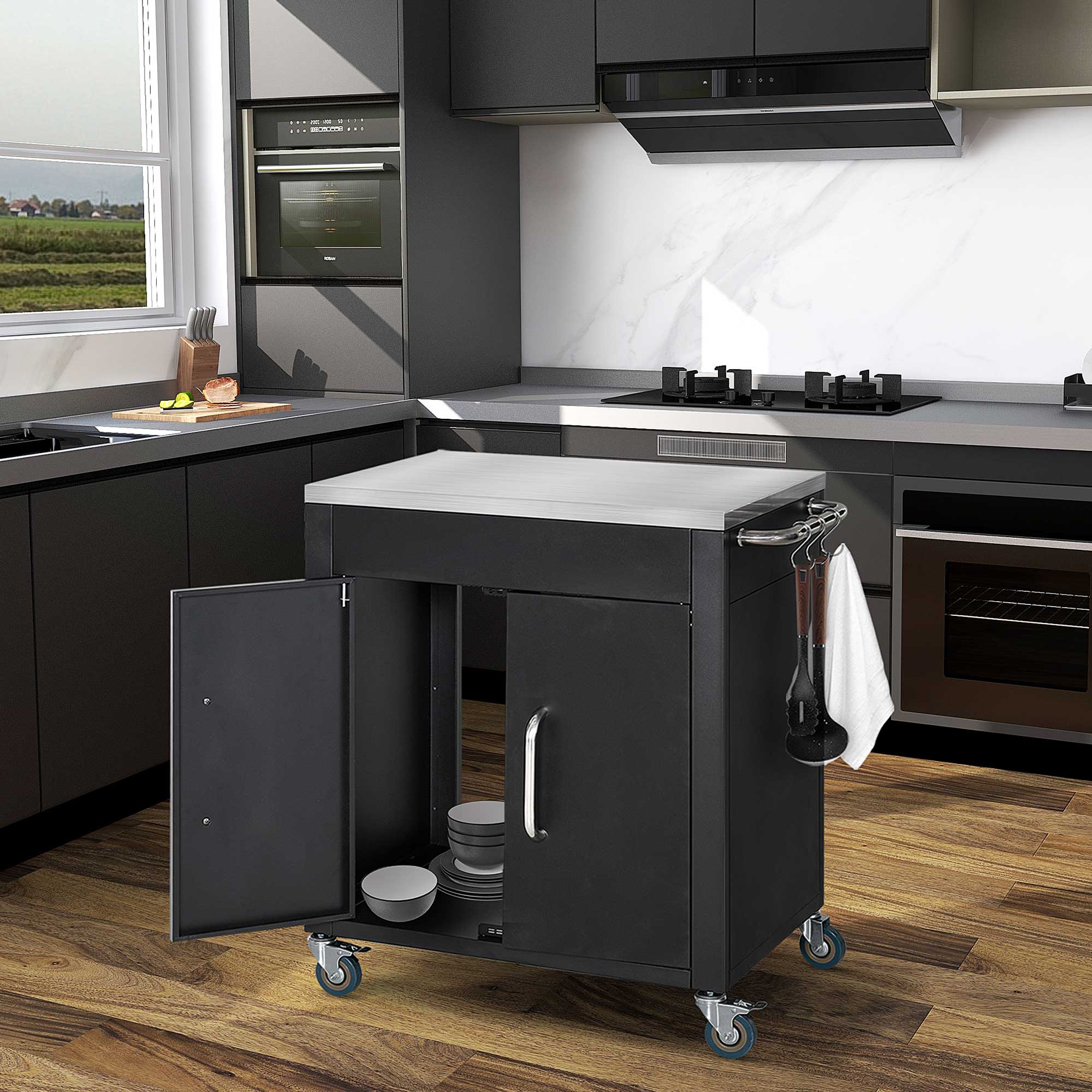 Küchenwagen mit Rollen, Servierwagen, Rollwagen mit Schrank, Haken und Edelstahlgriffe, Küchenhilfe, BBQ Grilltisch aus Edelstahl Küchentrolley, 86 x 50 x 86,5 cm Schwarz