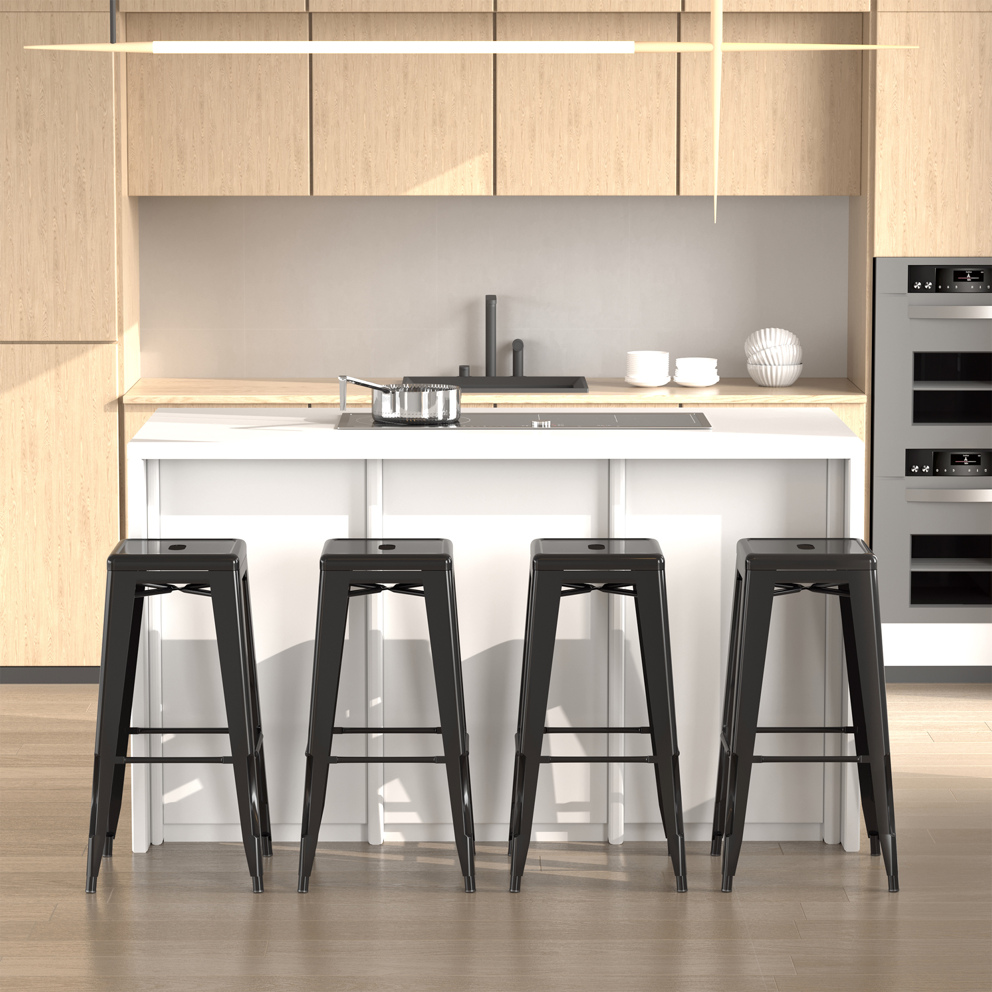 4er-Set Barhocker aus Metall, für drinnen und draußen, stapelbares Design, Schwarz